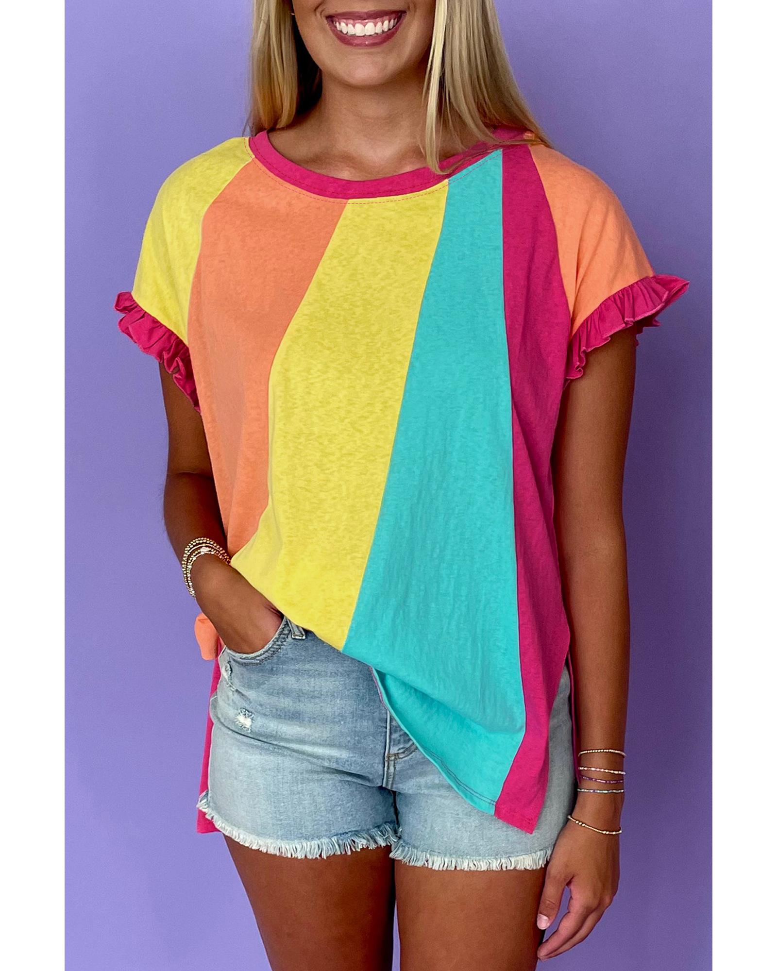 V539-AZEXDC25228071-P6-L-202508271710-00 Rose Red Color Block Ruffled Crew Neck Loose Fit T Shirt - L - Image 1