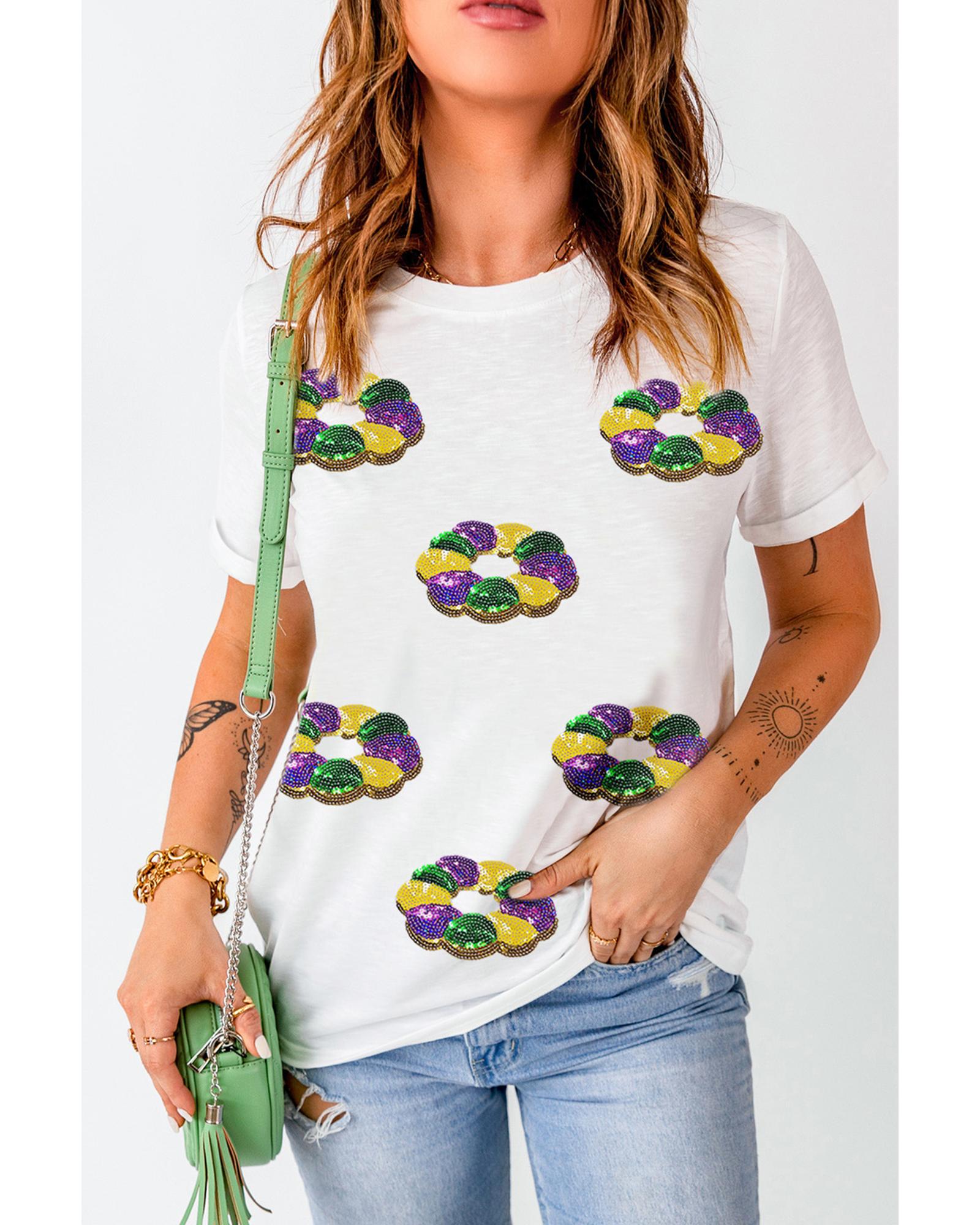 V539-AZEXDC25228252-1-L-202508281850-00 White Sequined Mardi Gras Pattern Crew Neck Short Sleeve Top - L - Image 1