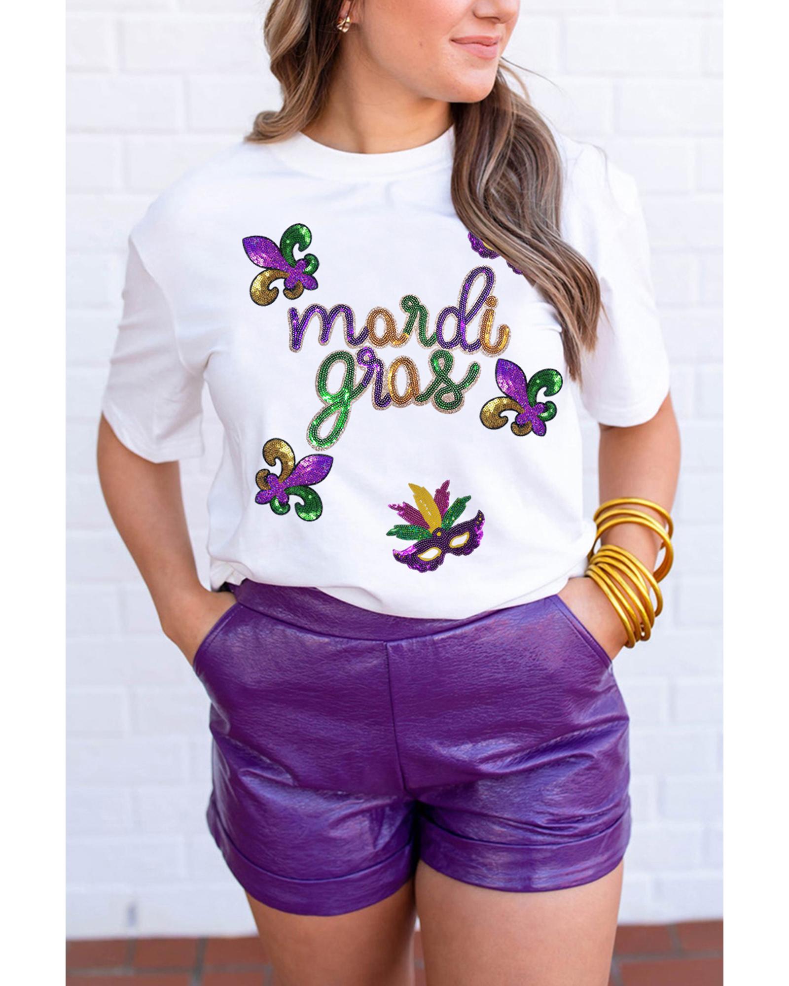 V539-AZEXDC25228253-1-3XL-202508300200-00 White Sequin Mardi Gras Pattern Graphic Crew Neck Tee - 3XL - Image 1