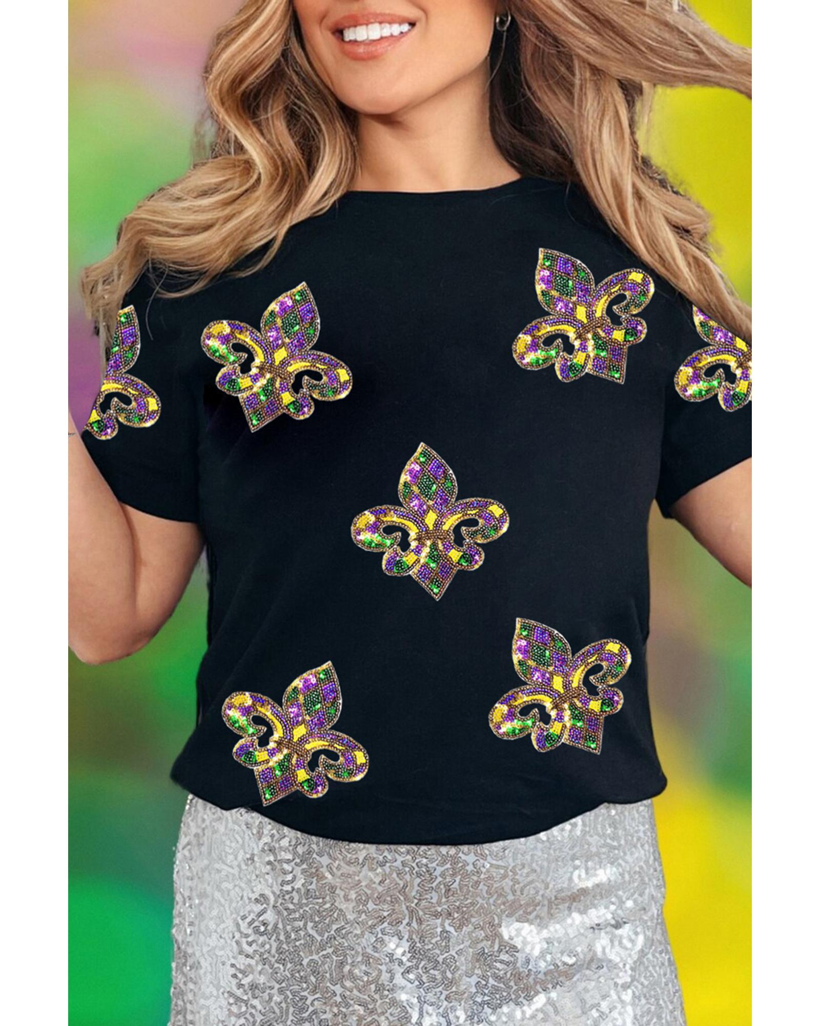 V539-AZEXDC25228259-2-2XL-202508280425-00 Black Maid Gras Sequin Fleur de Lis Graphic T Shirt - 2XL - Image 1