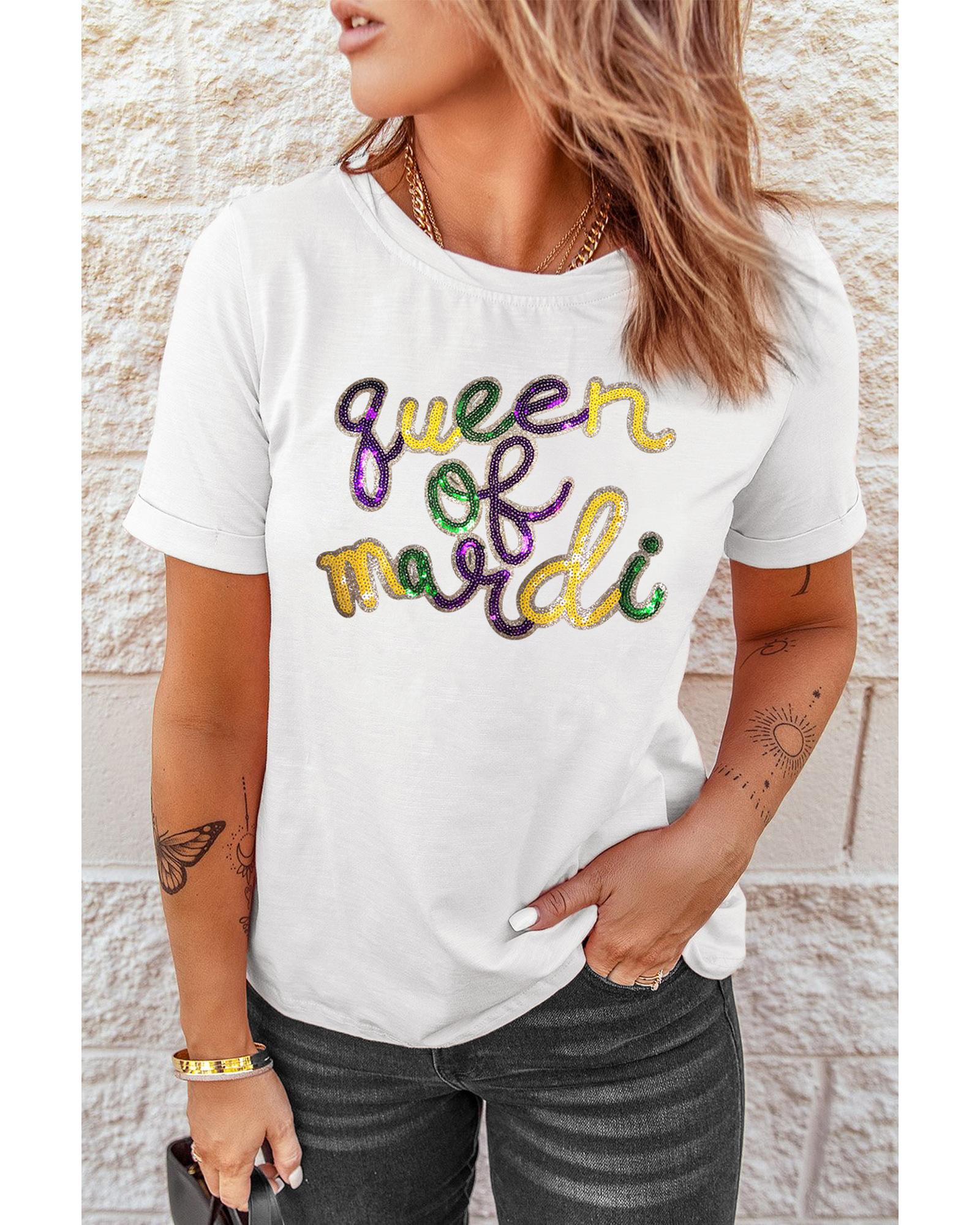 V539-AZEXDC25228261-1-2XL-202508281950-00 White queen of mardi Sequin Letter Graphic T Shirt - 2XL - Image 1
