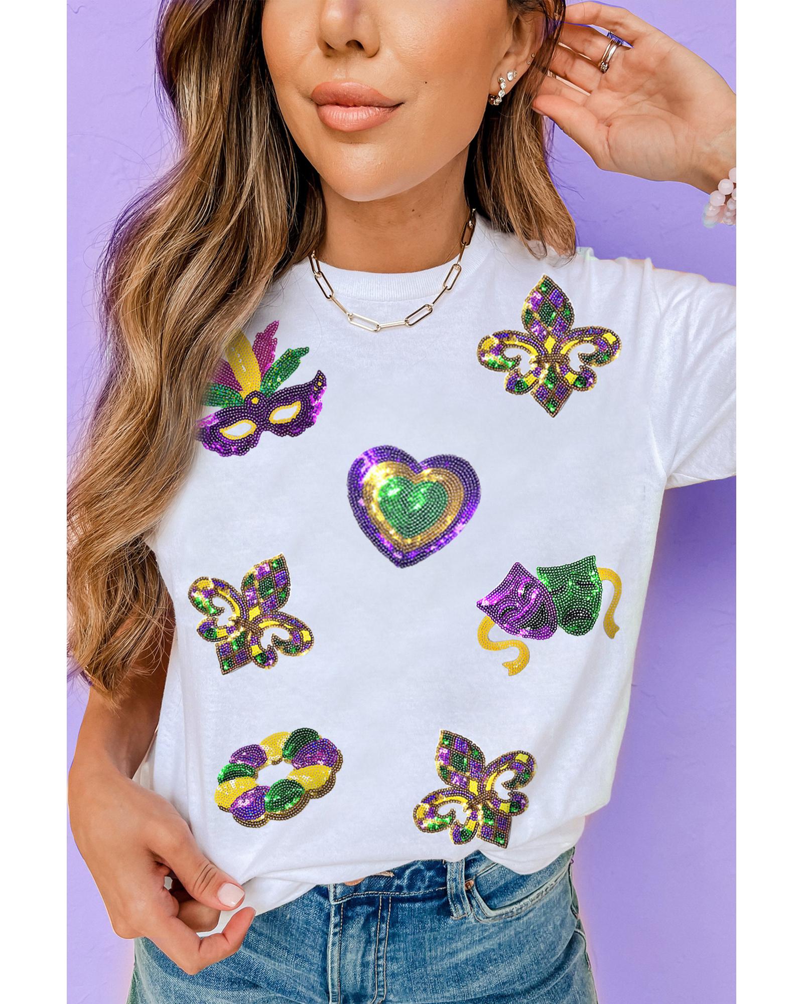 V539-AZEXDC25228321-1-M-202508291930-00 White Sequined Mardi Gras Symbolic Pattern Casual Tee - M - Image 1