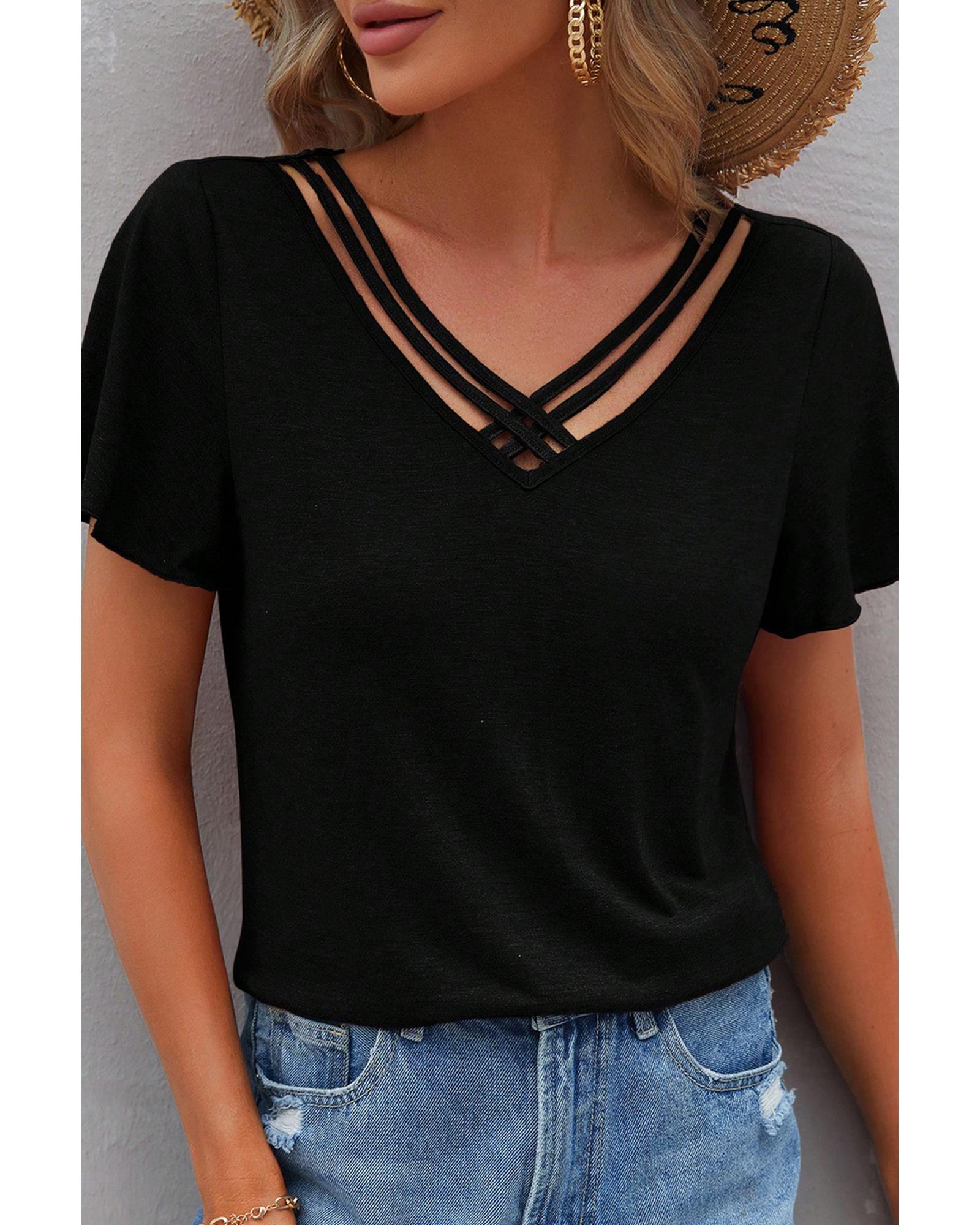 V539-AZEXDC25228352-P2-L-202508280555-00 Black Crisscross V Neck Butterfly Sleeve T Shirt - L - Image 1