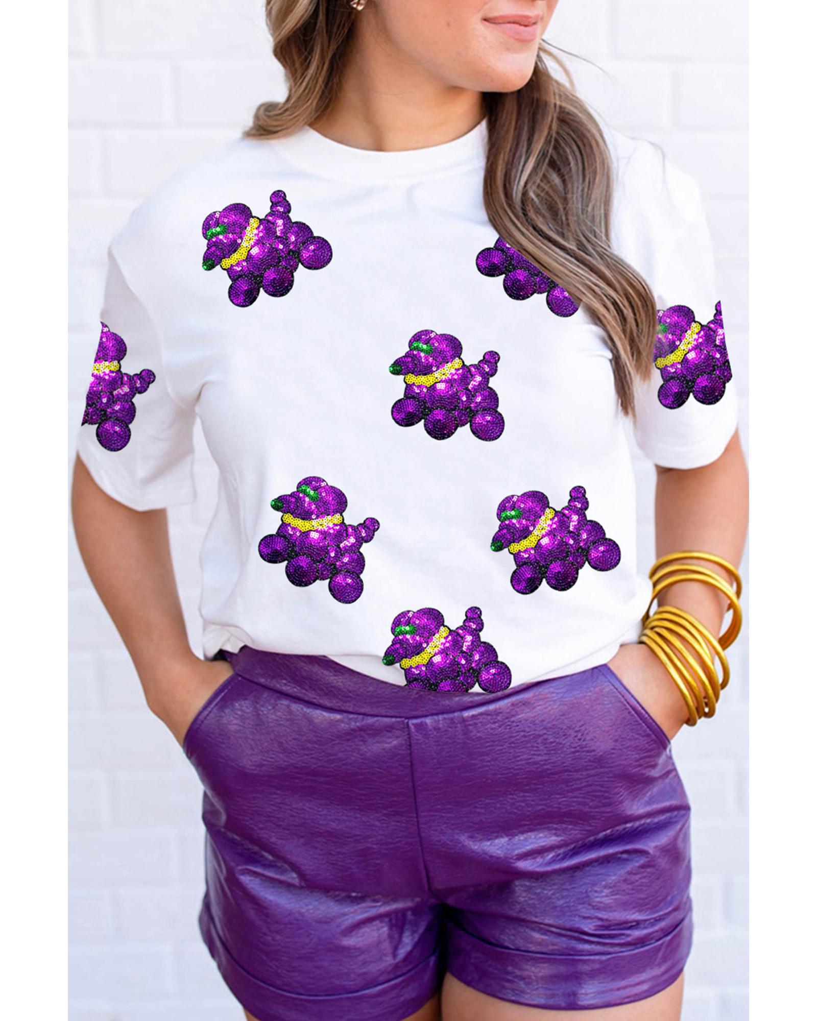 V539-AZEXDC25228366-1-XL-202508281625-00 White Sequin Balloon Puppy Graphic Mardi Gras Tee - XL - Image 1