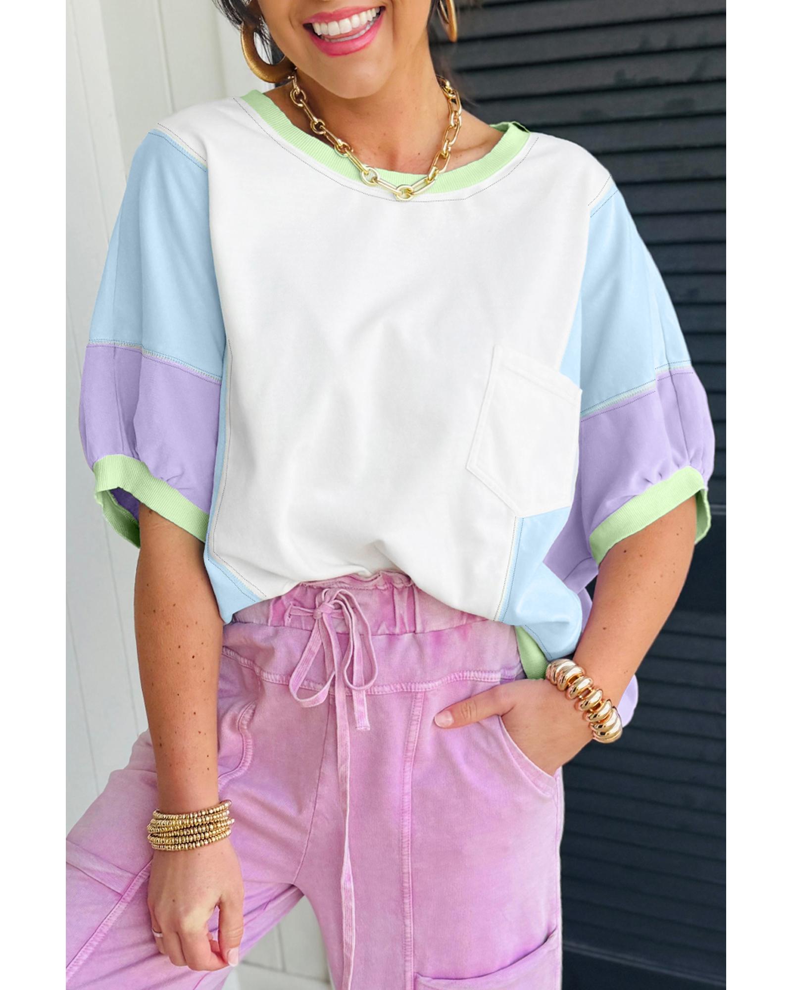 V539-AZEXDC25228417-P122-L-202508280115-00 White Color Block Patchwork Half Sleeve Oversized T Shirt - L - Image 1