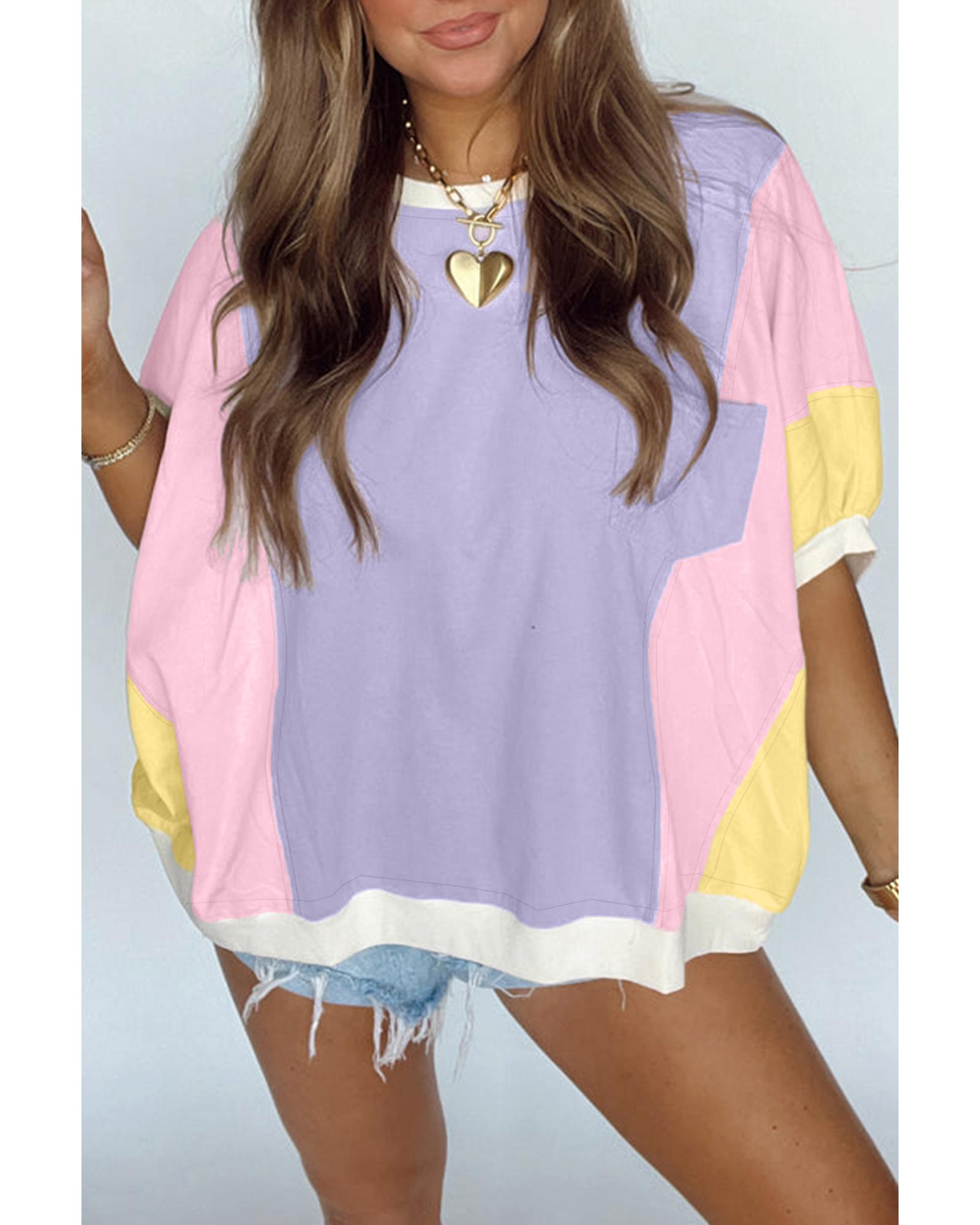 V539-AZEXDC25228417-P822-S-202506122240-00 Purple Color Block Patchwork Half Sleeve Oversized T Shirt - S - Image 1