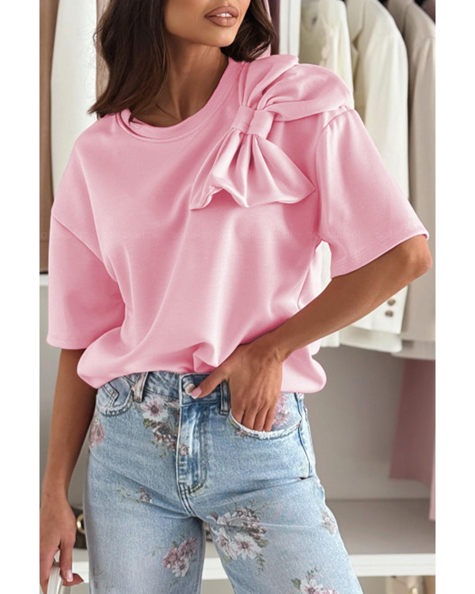 V539-AZEXDC25228450-P10-L-202508290055-00 Pink Bow Applique Half Sleeve T-shirt - L - Image 1