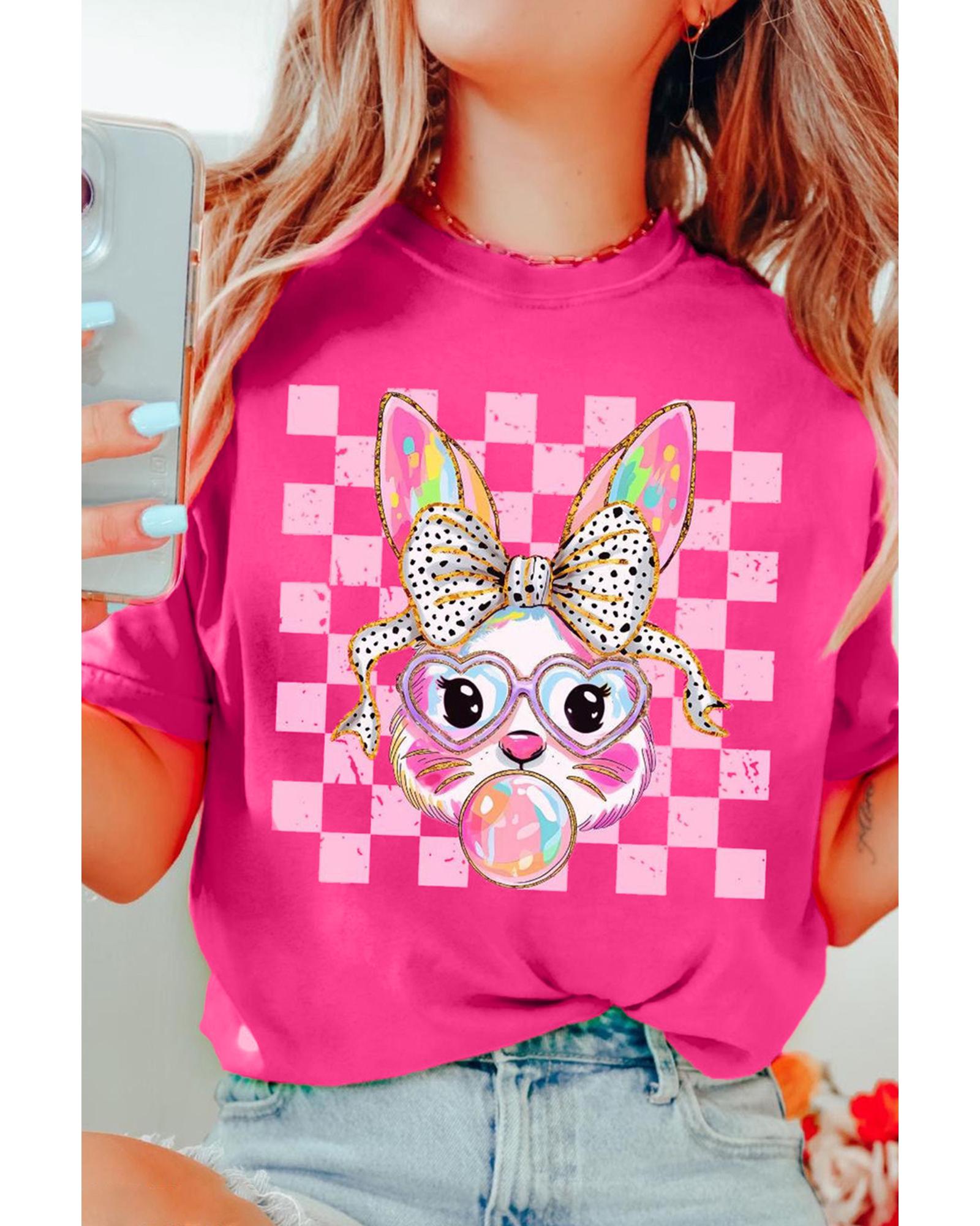 V539-AZEXDC25228506-P6-2XL-202508292230-00 Rose Red Plaid Bubble Gum Rabbit Graphic Eater T Shirt - 2XL - Image 1