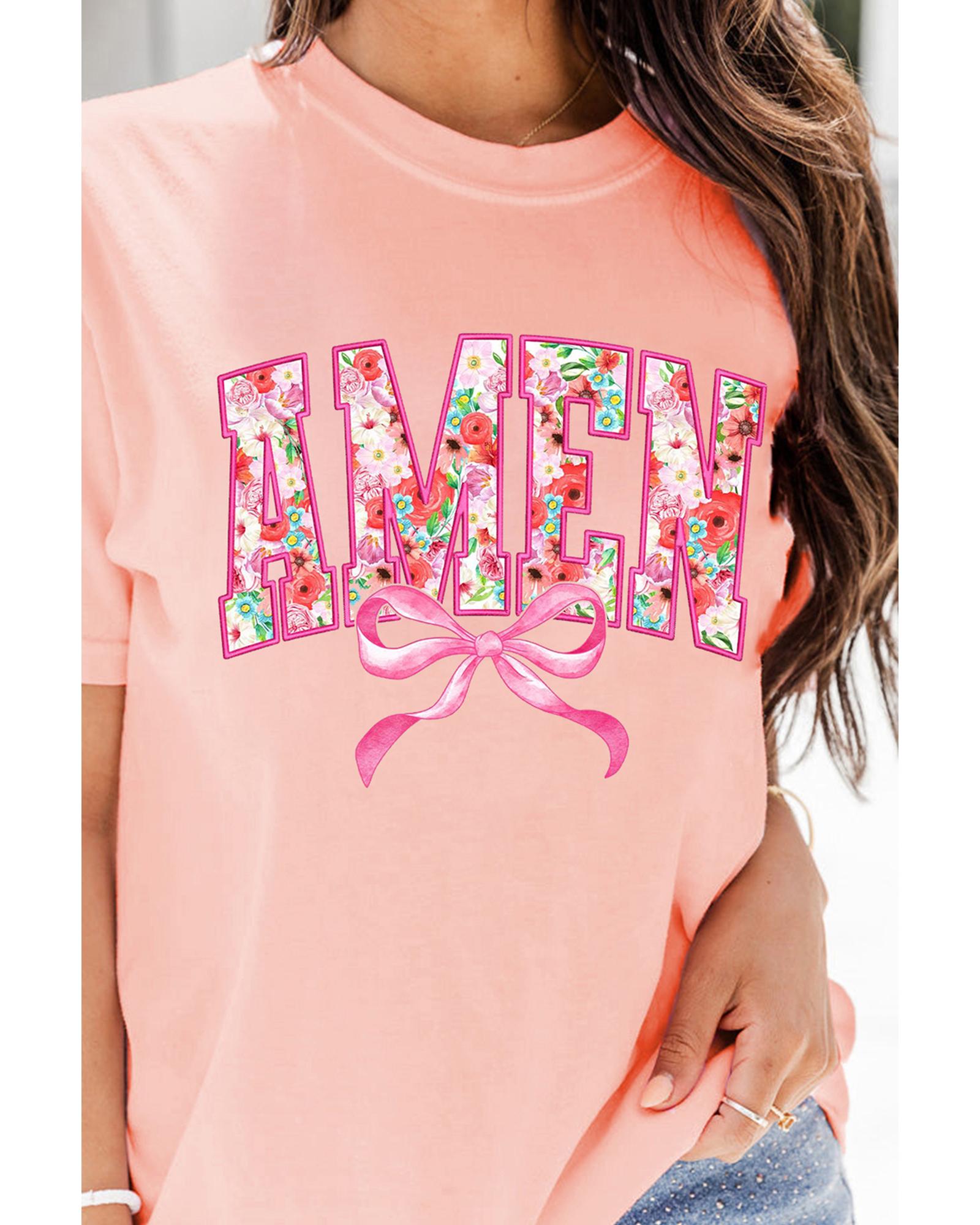 V539-AZEXDC25228528-10-S-202506122306-00 Pink Floral AMEN Bow Graphic Crewneck T Shirt - S - Image 1