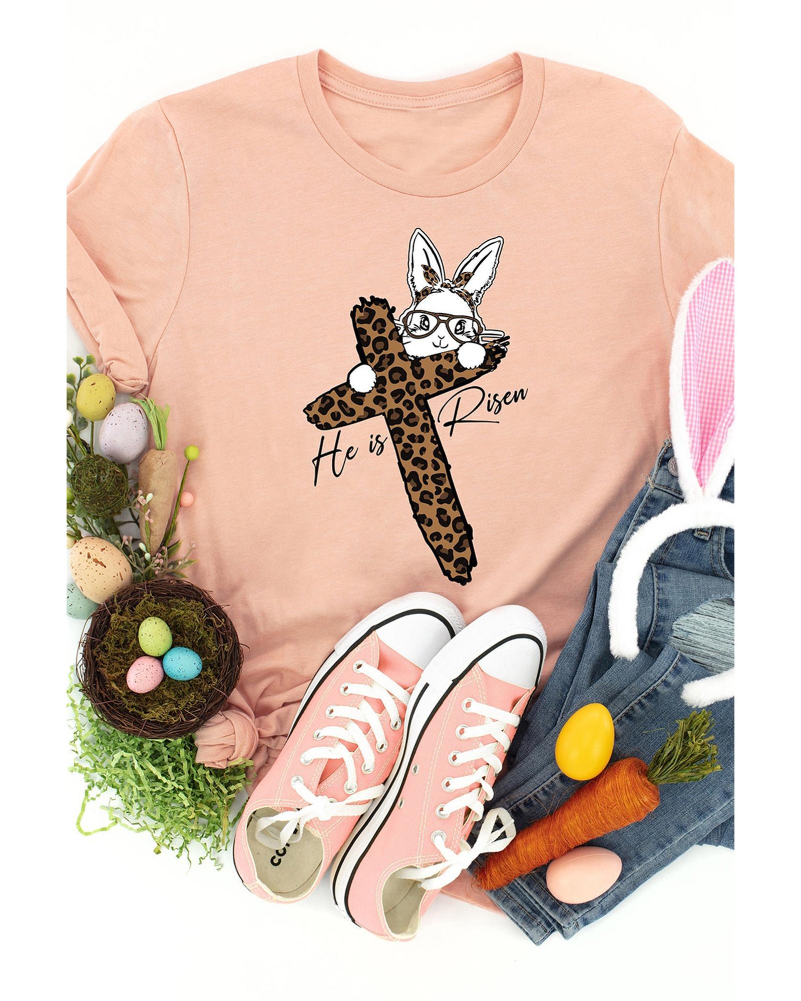 V539-AZEXDC25228552-10-2XL-202508270225-00 Pink He is Risen Easter Bunny Leopard Cross Graphic Tee - 2XL - Image 1
