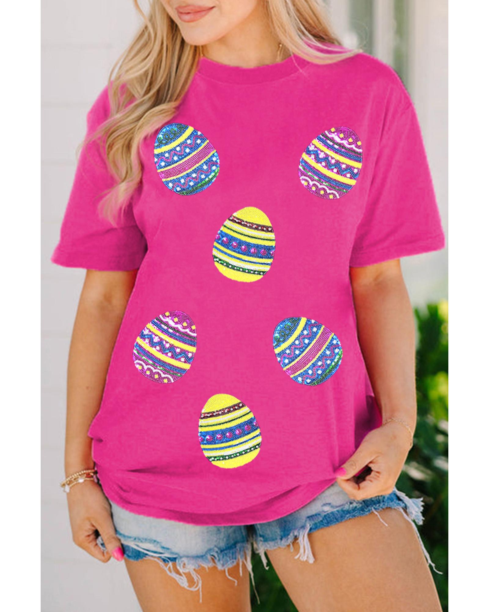 V539-AZEXDC25228599-P6-L-202508270805-00 Rose Red Sequin Easter Egg Graphic Casual T Shirt - L - Image 1