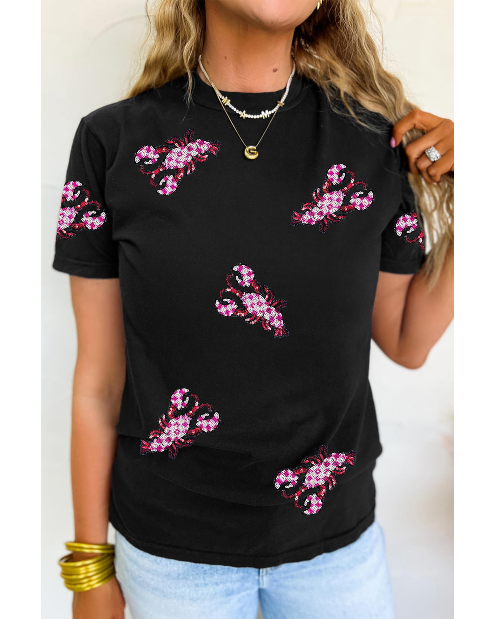 V539-AZEXDC25228641-2-M-202508271830-00 Black Sequin Crawfish Patched Crew Neck Tee - M - Image 1