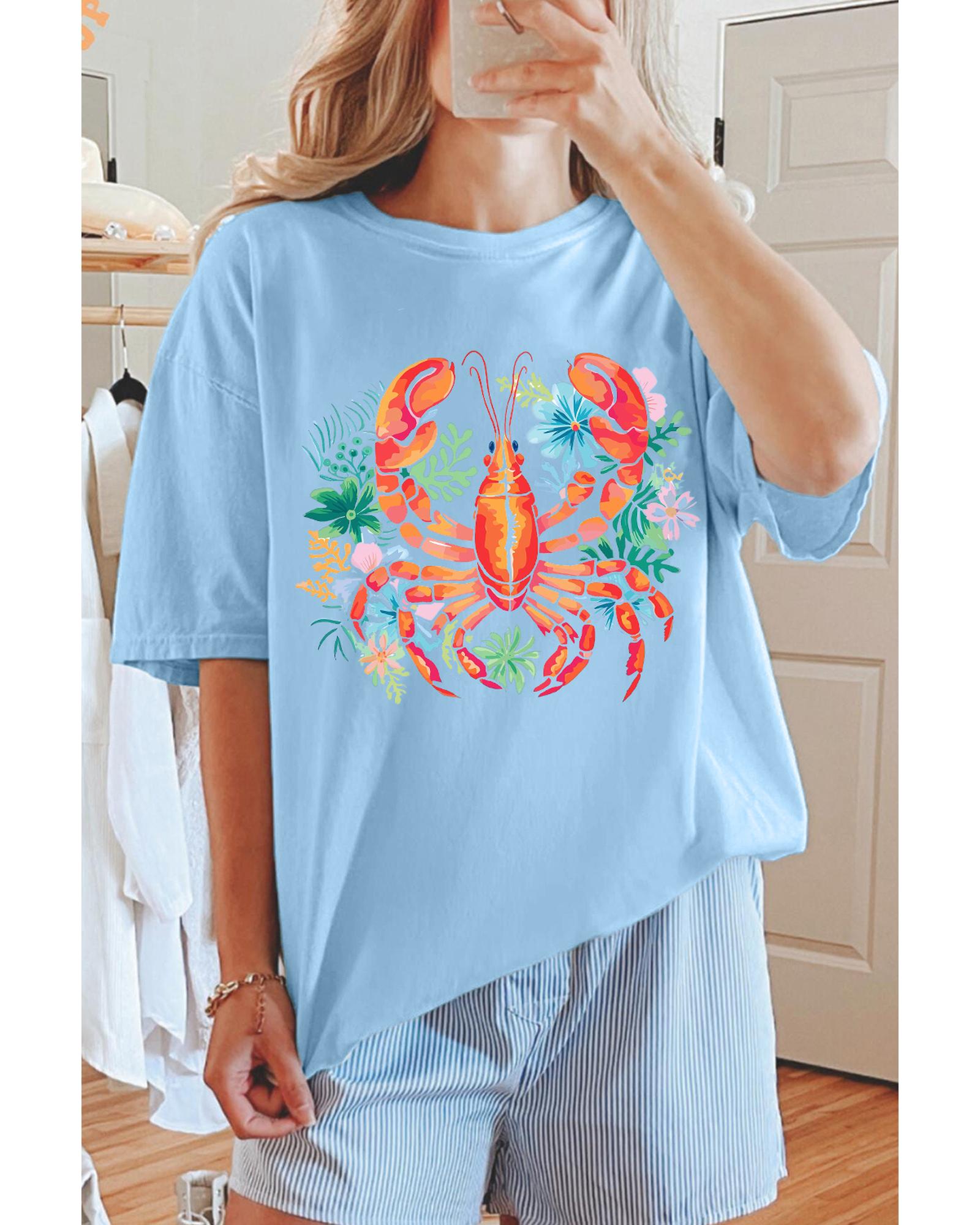 V539-AZEXDC25228834-P4-S-202506130121-00 Light Blue Floral Summer Lobster Graphic Tee - S - Image 1
