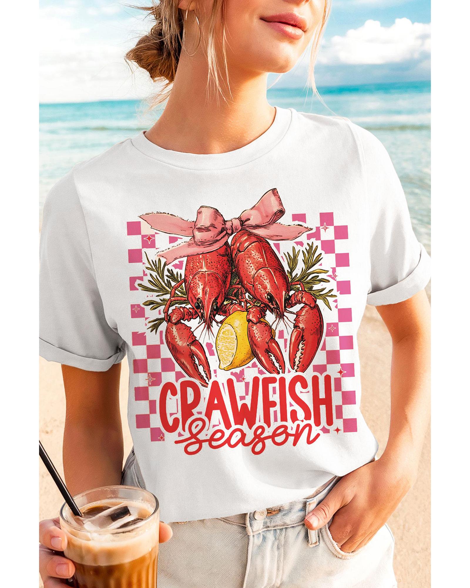 V539-AZEXDC25228837-1-XL-202508290215-00 White Checkerboard Bow Crawfish Season Printed Crewneck T Shirt - XL - Image 1