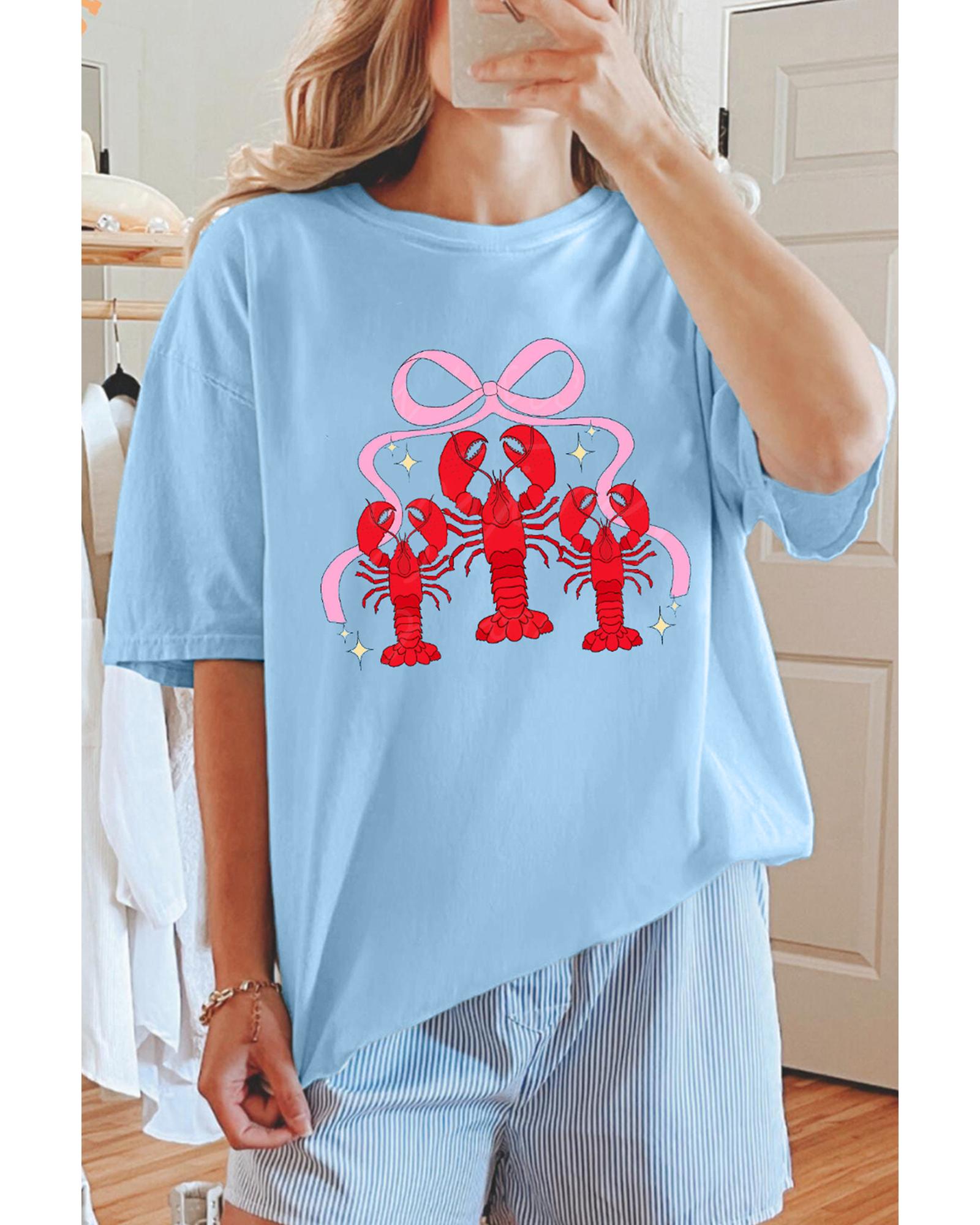 V539-AZEXDC25228838-P4-L-202508291810-00 Light Blue Bow Crawfish Printed Relaxed Fit T Shirt - L - Image 1