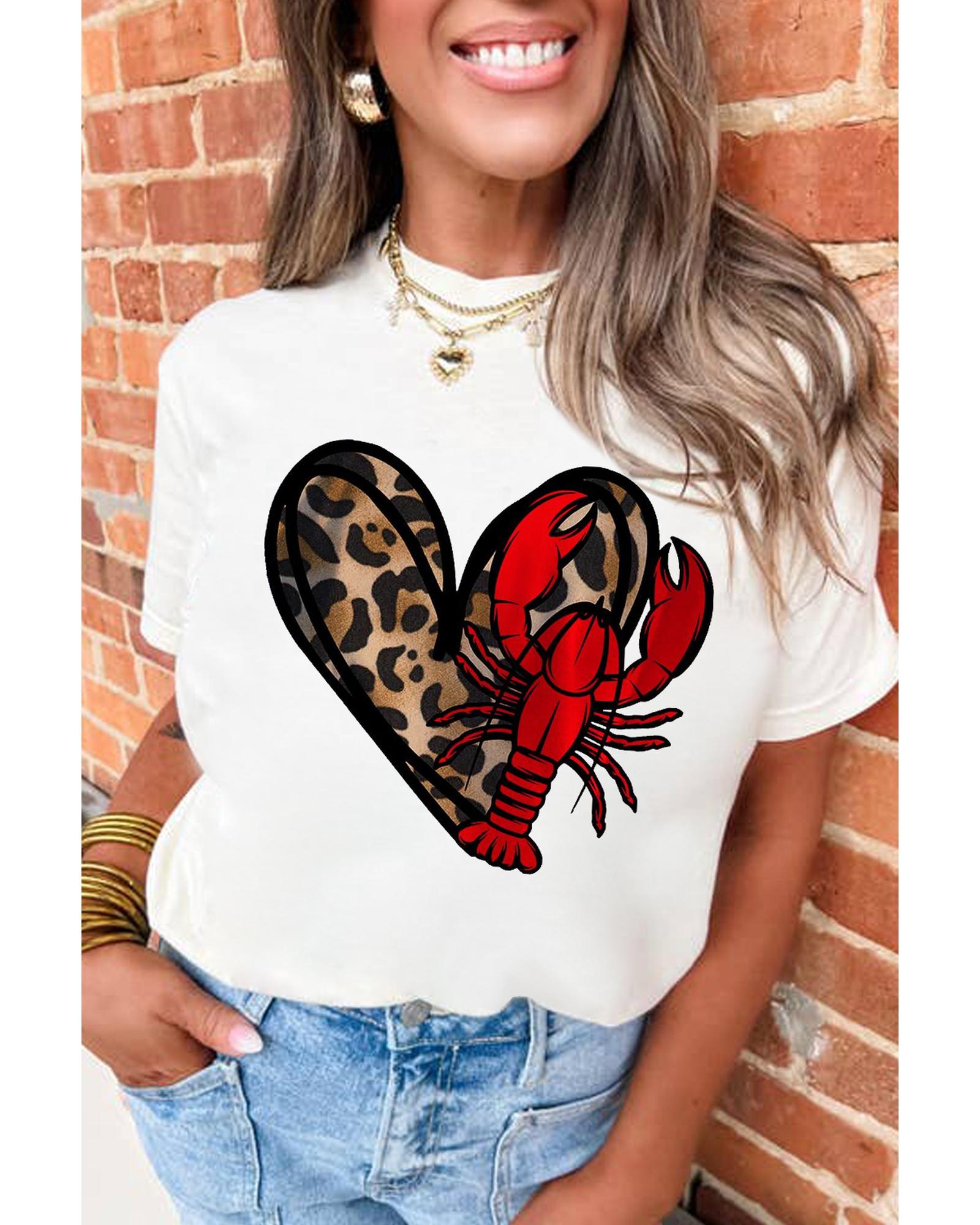 V539-AZEXDC25228849-1-M-202508280230-00 White Crawfish Leopard Heart Print Crewneck Tee - M - Image 1