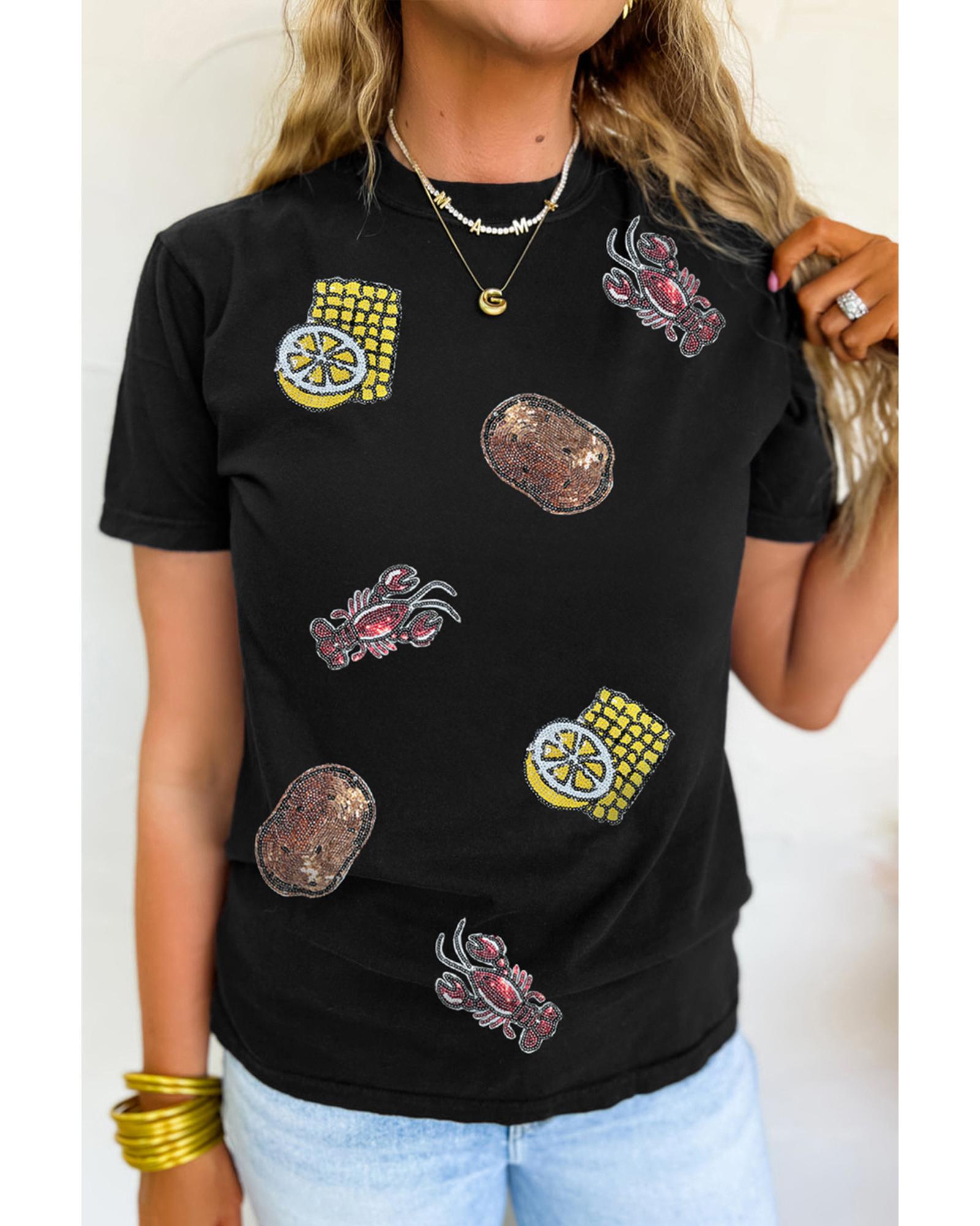 V539-AZEXDC25228852-2-S-202506130154-00 Black Sequin Crawfish Potato Lemon Corn Graphic Crewneck T Shirt - S - Image 1