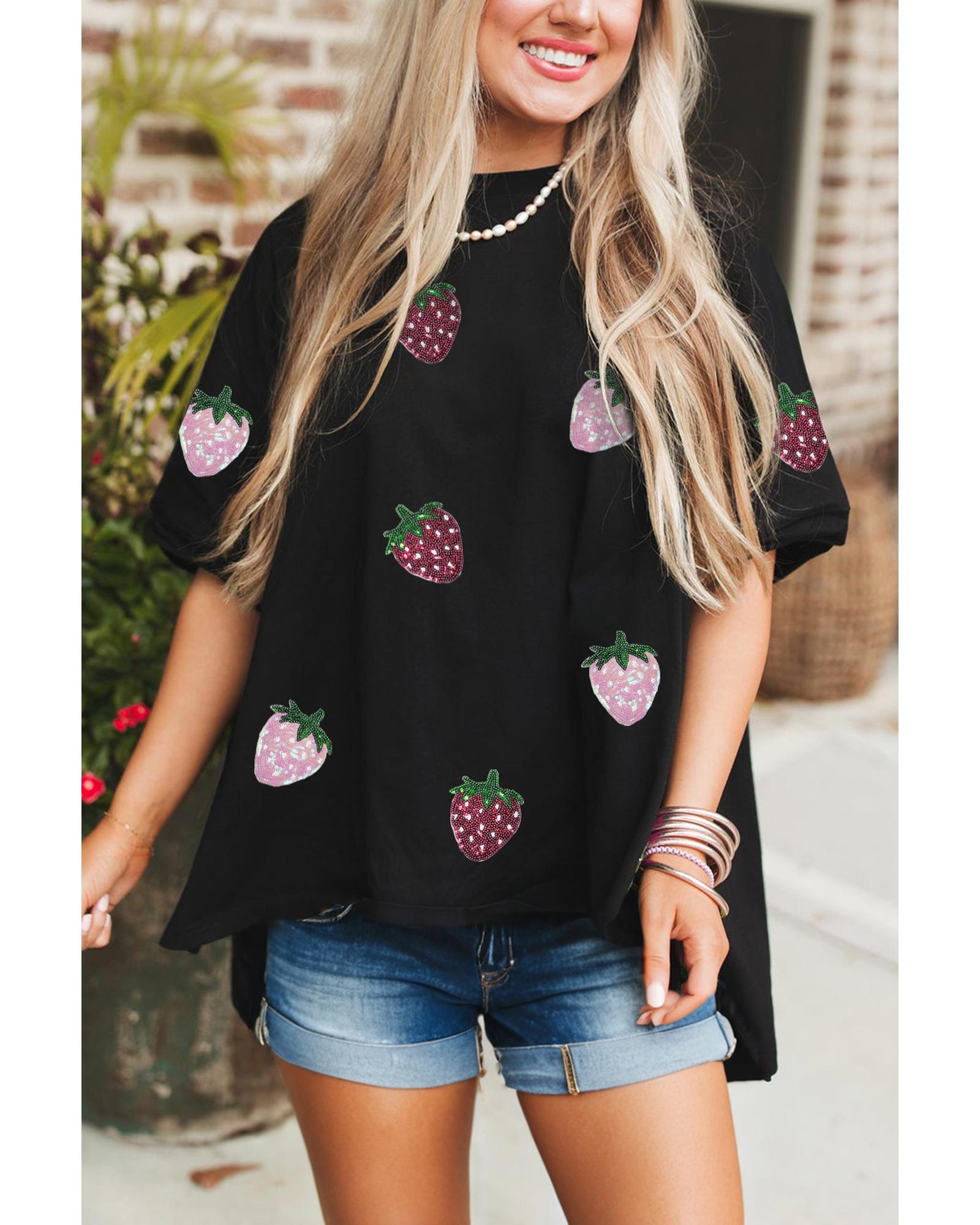 V539-AZEXDC25228858-P2-L-202508280150-00 Black Sequin Strawberry Graphic High Low Relaxed Fit Tee - L - Image 1