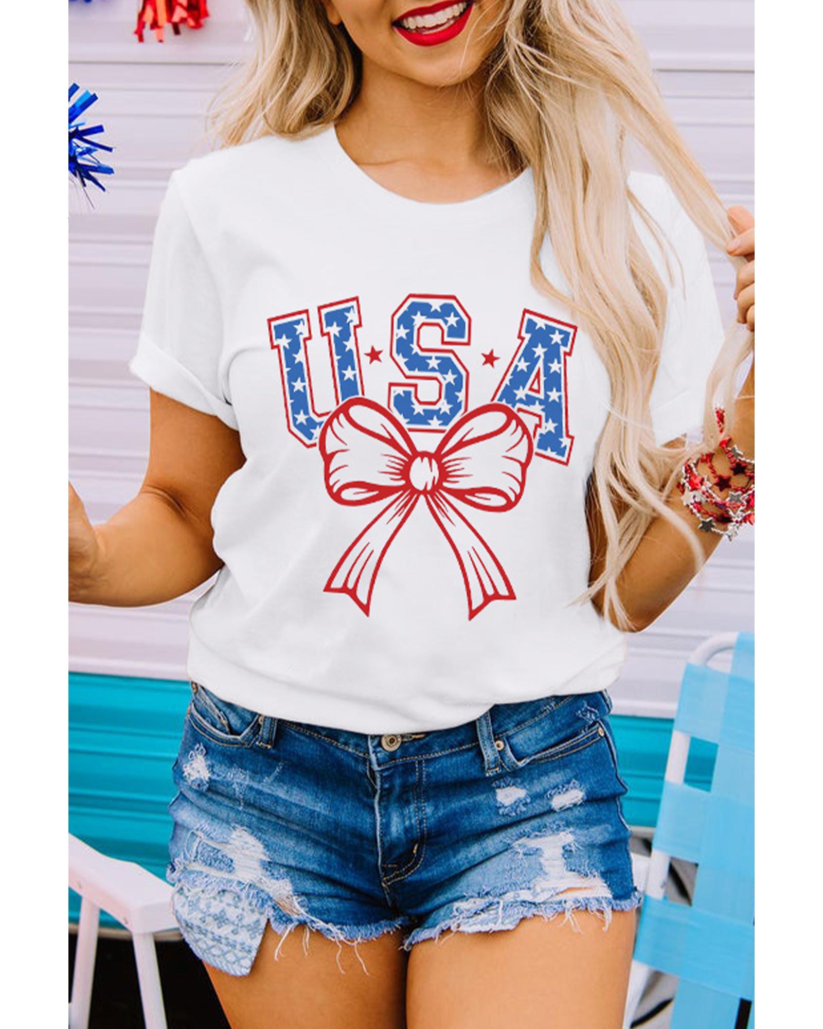 V539-AZEXDC25228959-1-3XL-202508291835-00 White USA Bow Letter Graphic Short Sleeve Top - 3XL - Image 1