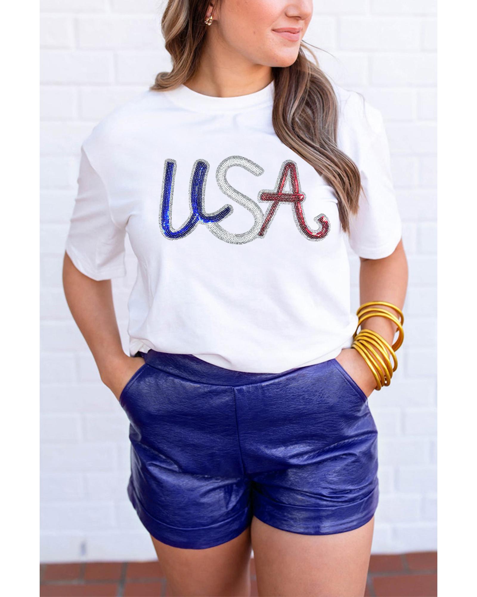V539-AZEXDC25228995-1-XL-202508290155-00 White Sequin USA Graphic Crew Neck Patriotic Tee - XL - Image 1