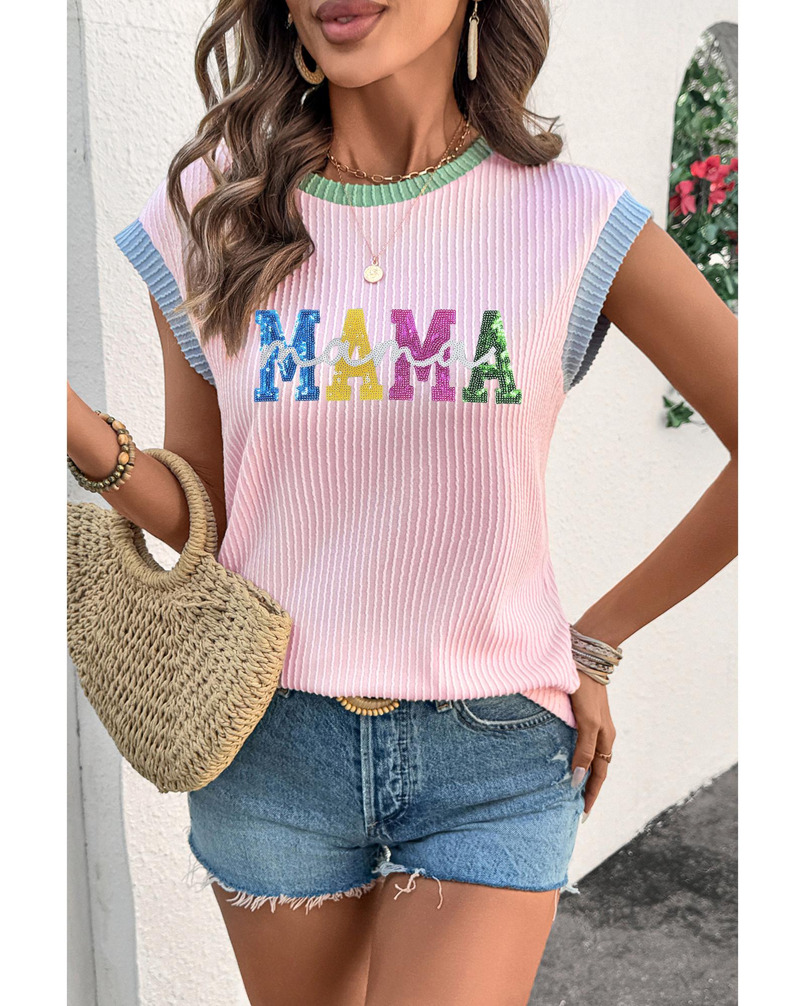 V539-AZEXDC25229100-P1022-L-202508292010-00 Pink Sequined MAMA Graphic Corded Rib Knit Colorblock T Shirt - L - Image 1