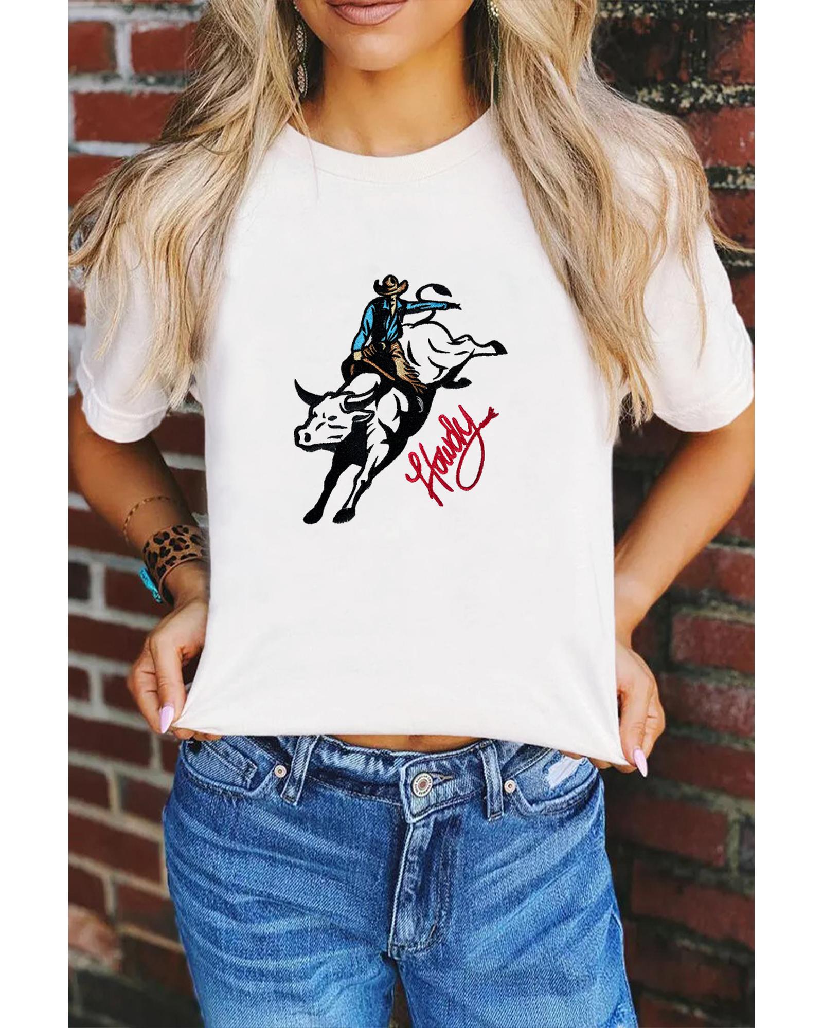 V539-AZEXDC25229101-1-3XL-202508280405-00 White Cowboy Howdy Embroidered Western Fashion T Shirt - 3XL - Image 1