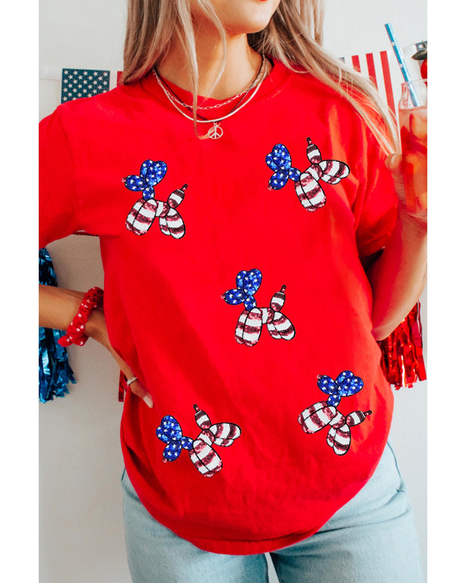 V539-AZEXDC25229102-103-S-202506122307-00 Red Sequin Stars and Stripes Balloon Puppy Graphic Crewneck Tee - S - Image 1