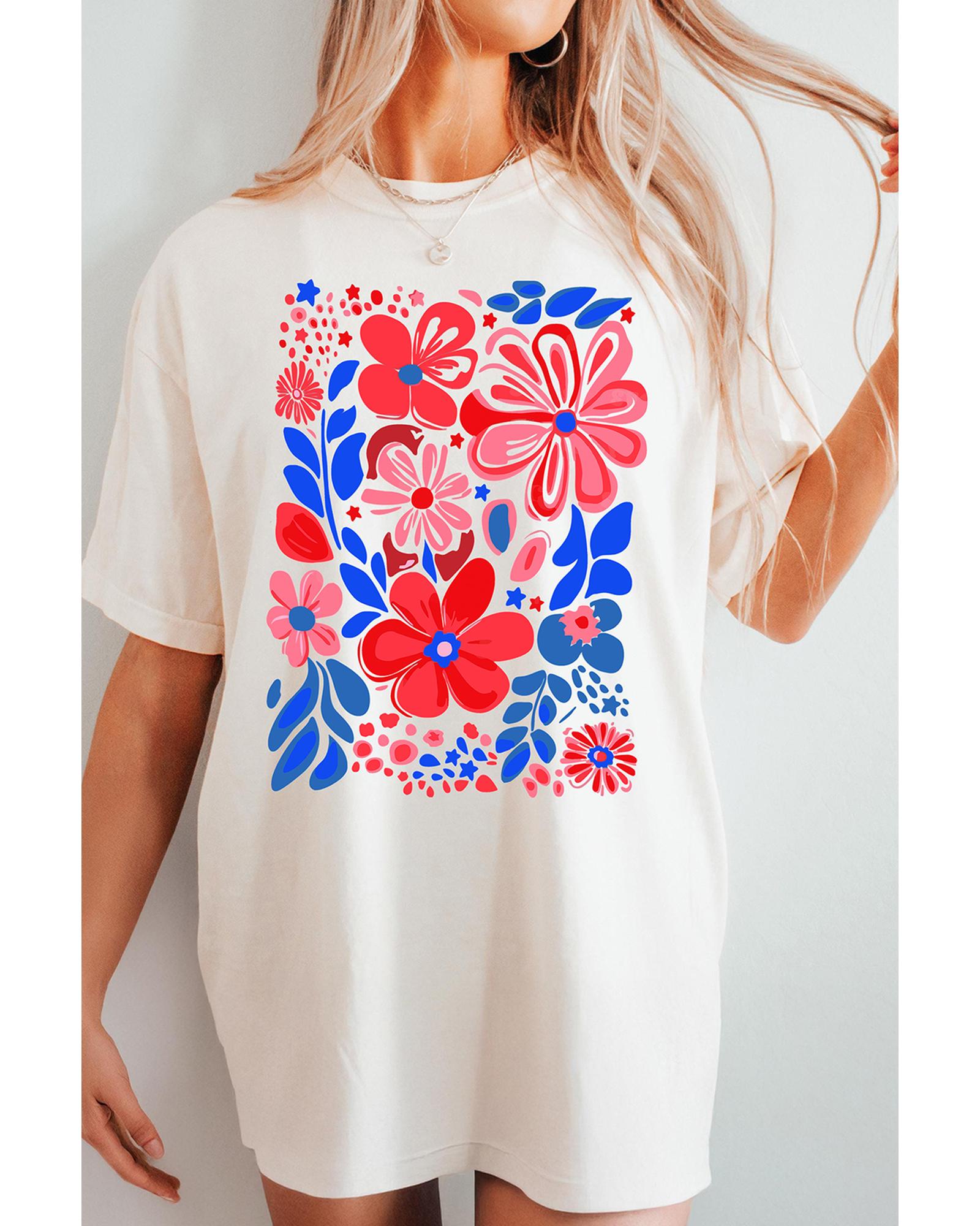 V539-AZEXDC25229137-P101-M-202508280910-00 White Floral Print Half Sleeve Round Neck Oversized Tee - M - Image 1