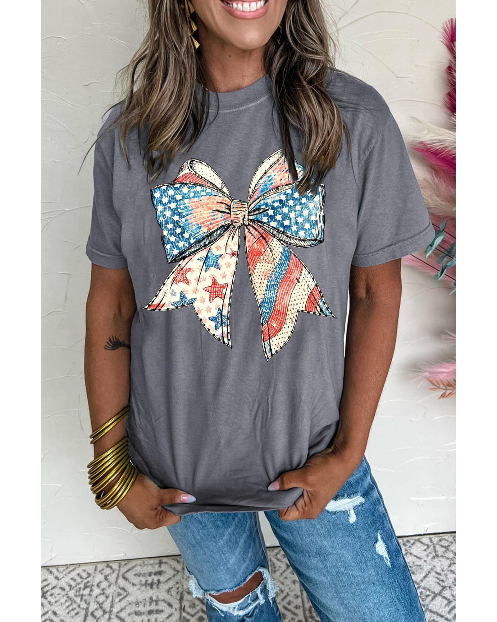 V539-AZEXDC25229140-11-L-202508281710-00 Gray US Flag Bow Print Round Neck Loose T Shirt - L - Image 1
