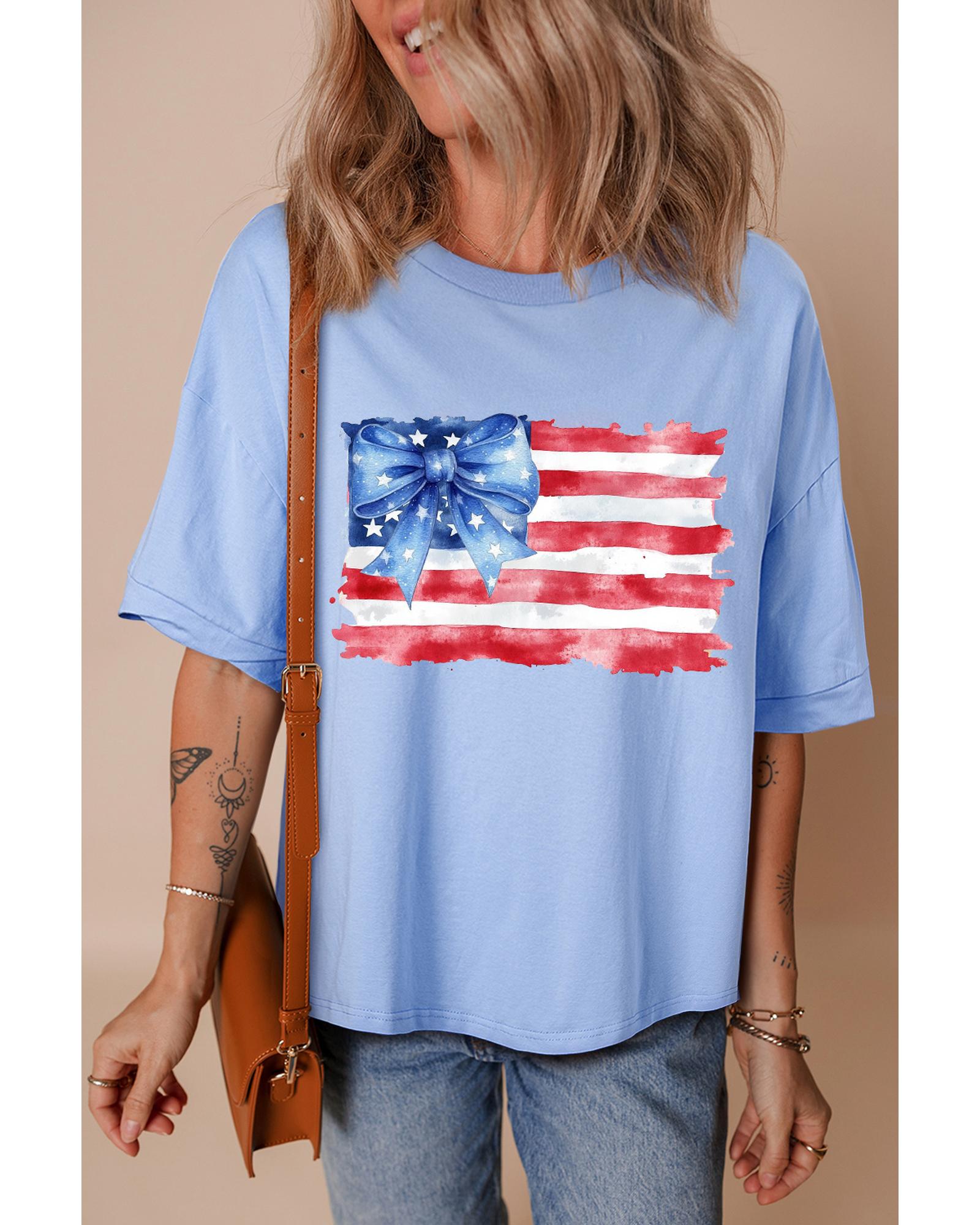 V539-AZEXDC25229143-P1204-XL-202508282130-00 Myosotis American Flag Bow Knot Print Half Sleeve T Shirt - XL - Image 1