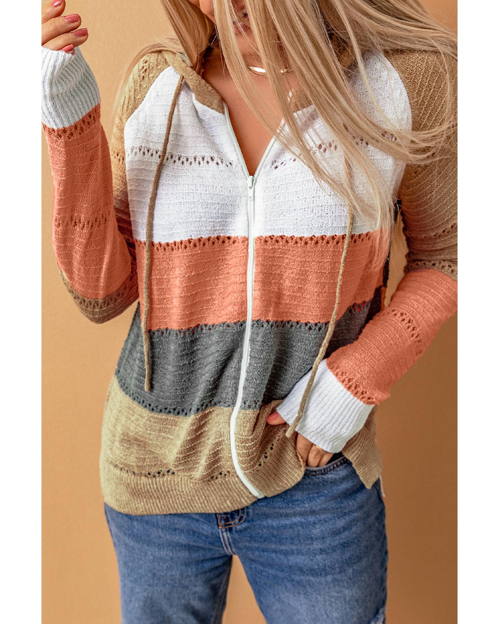 V539-AZEXDC2531016-22-L-202508251800-00 Azura Exchange Zipped Front Colorblock Hollow-out Knit Hoodie - L - Image 1