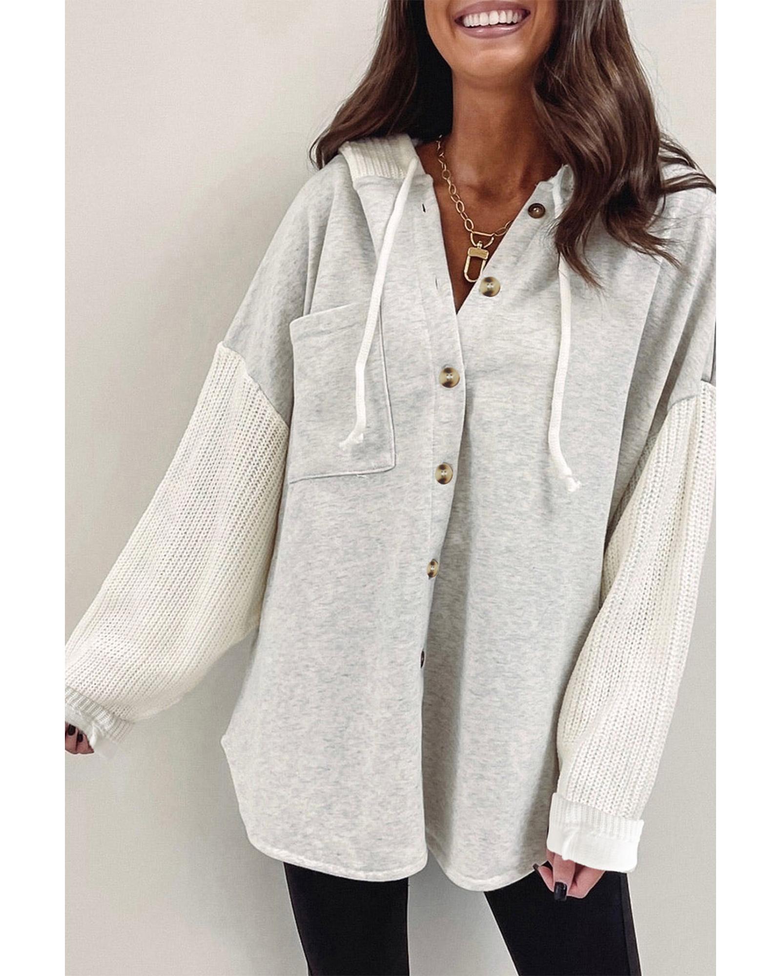 V539-AZEXDC25312001-11-S-202508270420-00 Azura Exchange Gray Button Up Contrast Knitted Sleeves Hooded Jacket - S - Image 1