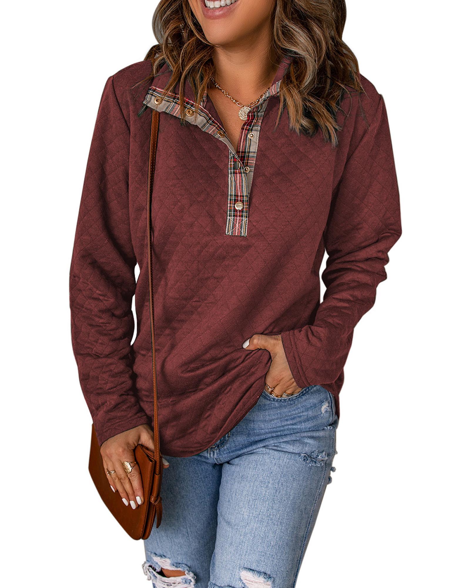 V539-AZEXDC25312136-3-S-202508261455-00 Azura Exchange Geometric Texture Plaid Trim Sweatshirt - S - Image 1