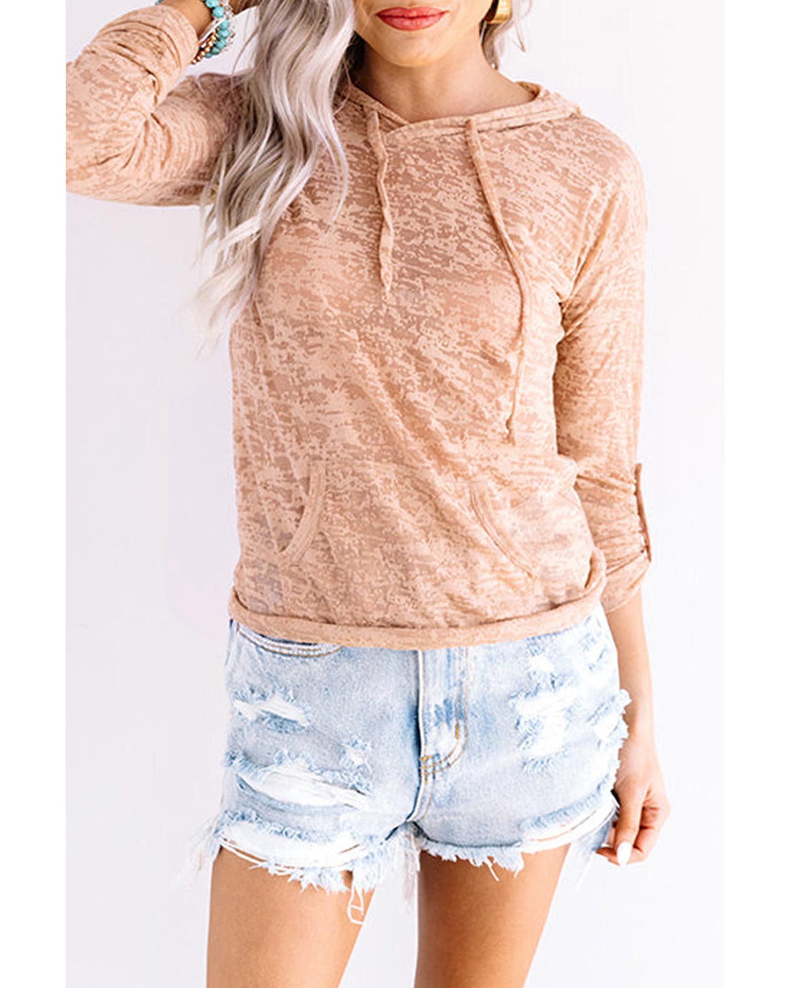 V539-AZEXDC25312230-16-S-164572-00 Azura Exchange Khaki Drawstring Hoodie with Kangaroo Pocket - S - Image 1