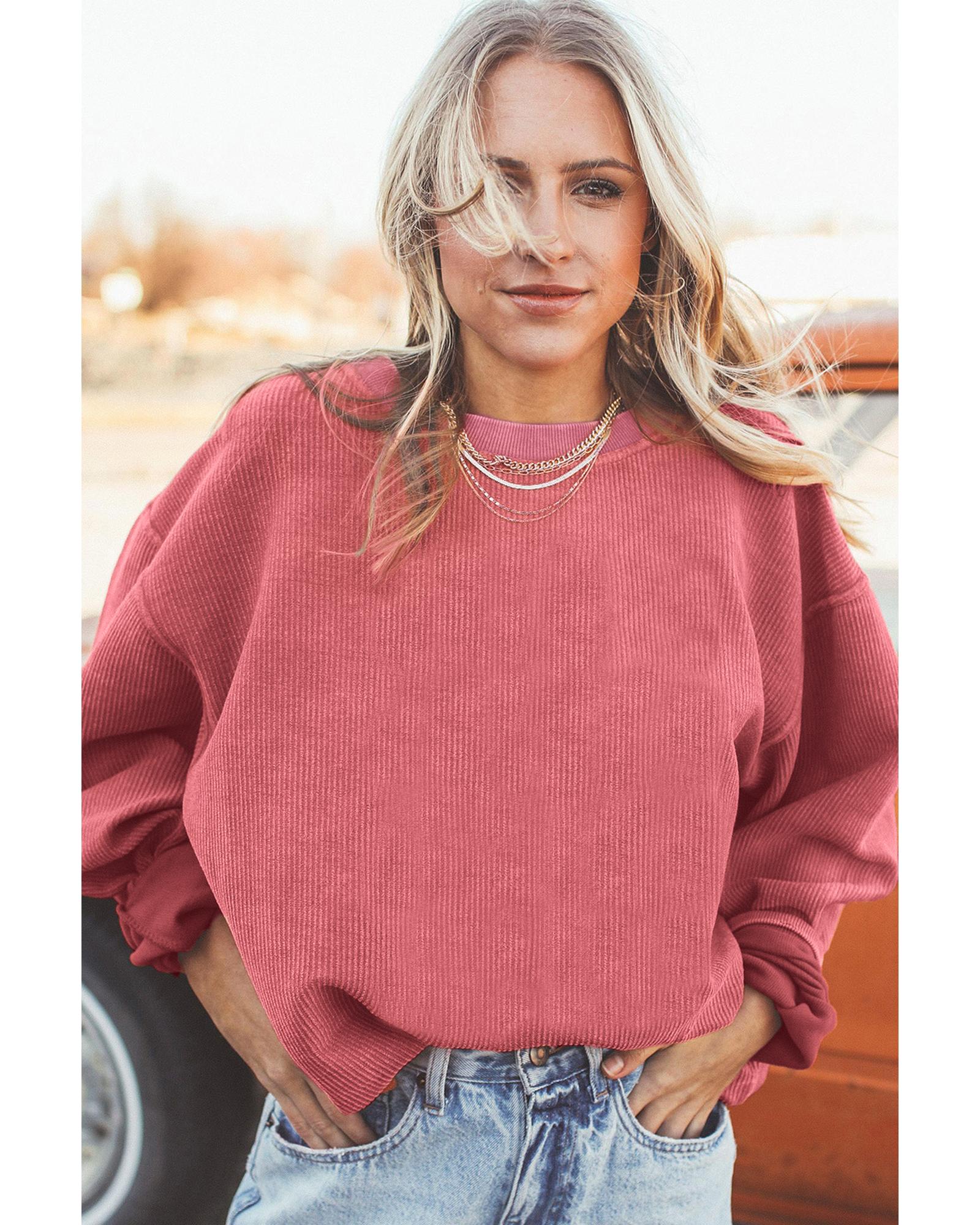 V539-AZEXDC25312934-P306-L-202508282025-00 Strawberry Pink Ribbed Corded Oversized Sweatshirt - L - Image 1