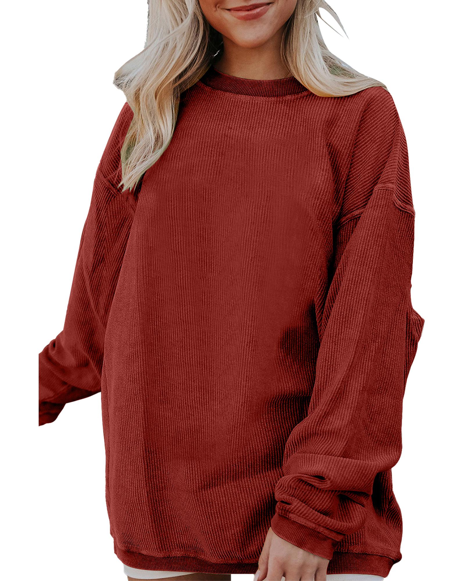 V539-AZEXDC25312934-P603-S-202506130101-00 Racing Red Ribbed Corded Oversized Sweatshirt - S - Image 1