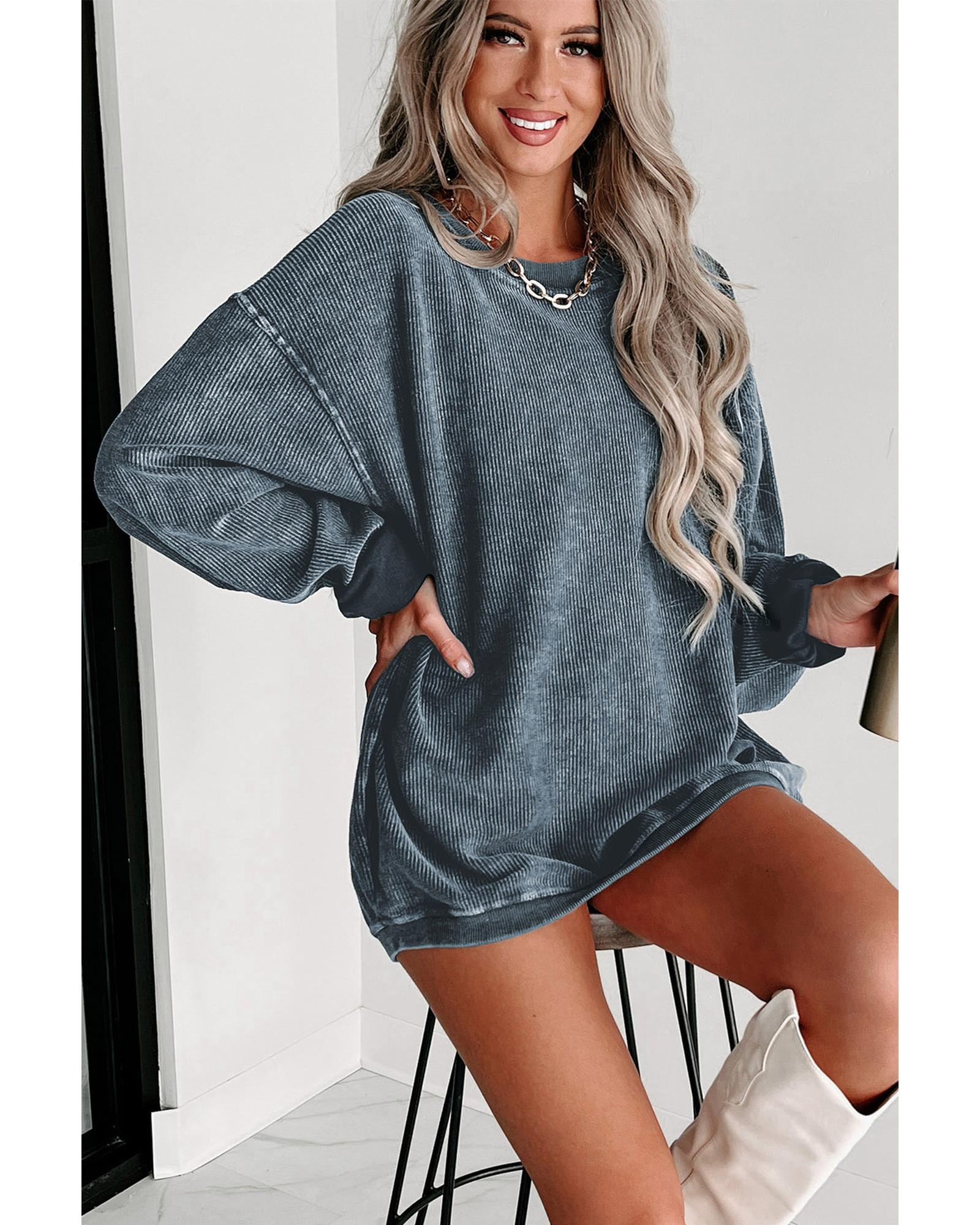 V539-AZEXDC25314534-5-L-202508291650-00 Blue Solid Ribbed Knit Round Neck Pullover Sweatshirt - L - Image 1