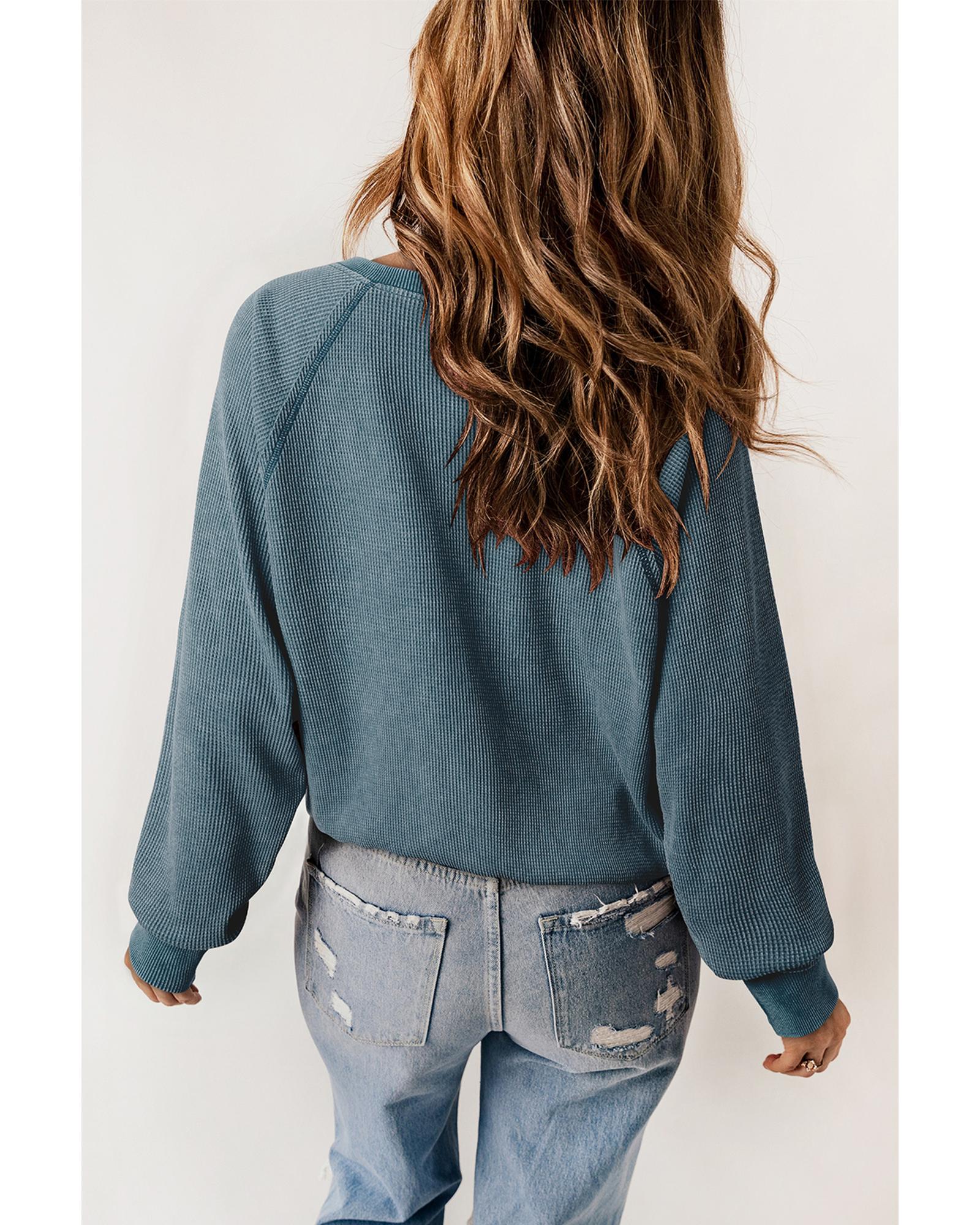V539-AZEXDC25314694-P409-M-202508300105-00 Sea Green Waffle Knit Raglan Sleeve Henley Sweatshirt - M - Image 1