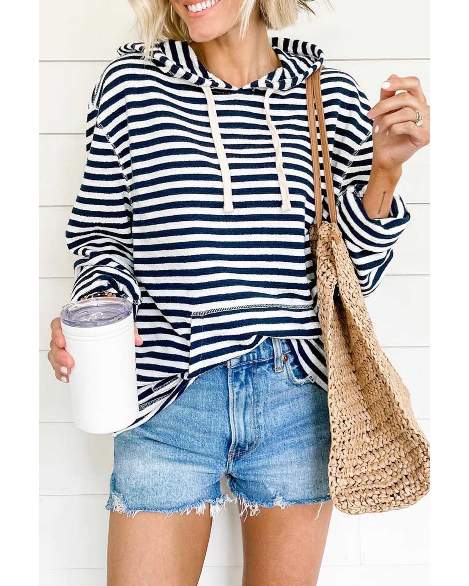 V539-AZEXDC25314733-19-M-202508290035-00 Stripe Kangaroo Pocket Drawstring Hoodie - M - Image 1