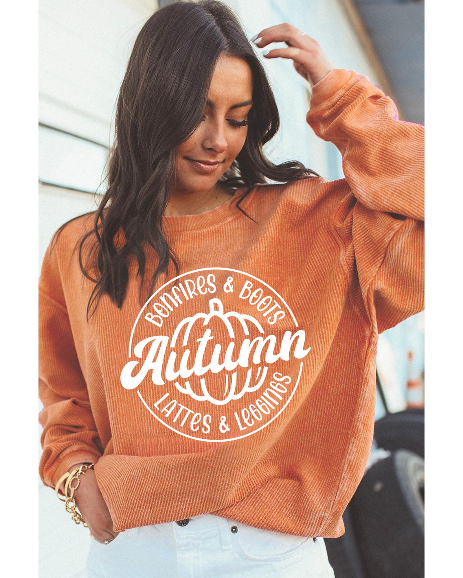 V539-AZEXDC25314952-2014-L-202508281550-00 Orange Autumn Pumpkin Graphic Print Corded Oversized Sweatshirt - L - Image 1