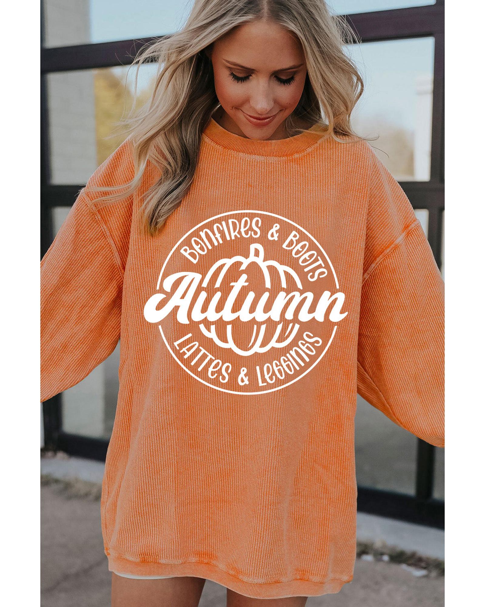 V539-AZEXDC25314952-2014-XL-202508290025-00 Orange Autumn Pumpkin Graphic Print Corded Oversized Sweatshirt - XL - Image 1