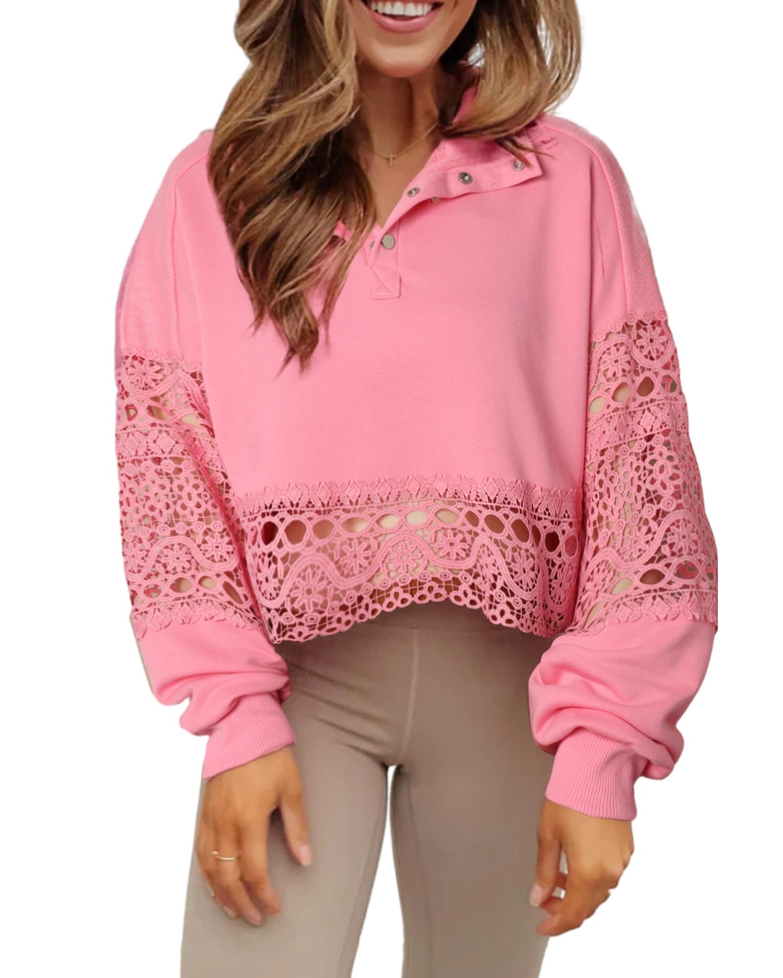 V539-AZEXDC25315137-10-L-202508290206-00 Pink Hollowed Lace Splicing Cropped Sweatshirt - L - Image 1