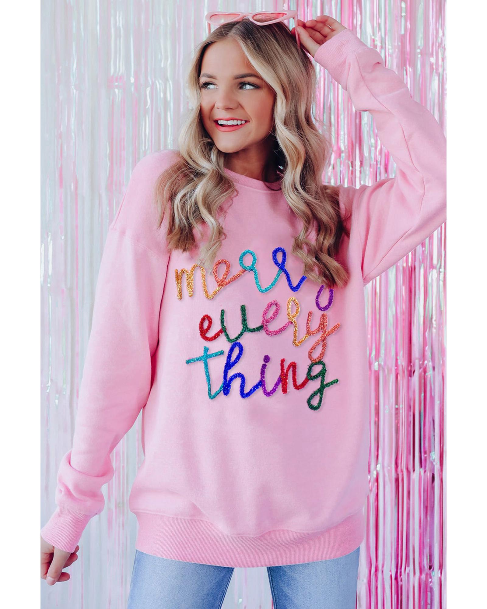 V539-AZEXDC25315292-P4010-L-202506130032-00 Peach Blossom Merry Every Thing Glitter Slogan Sweatshirt - L - Image 1