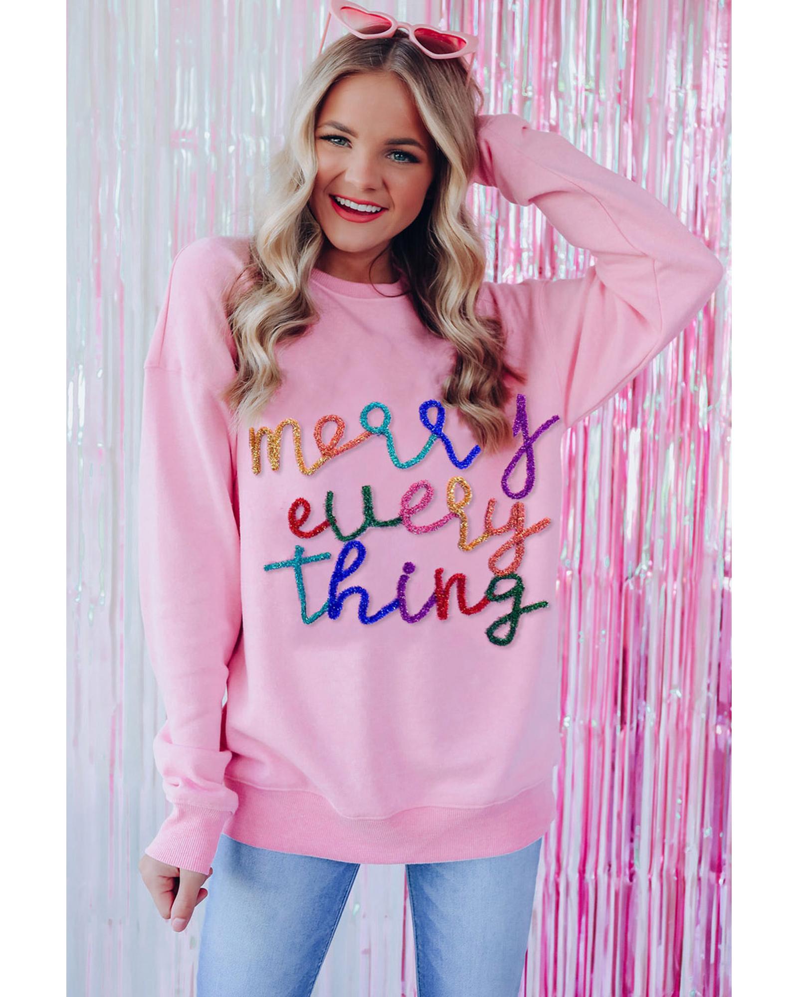 V539-AZEXDC25315292-P4010-XL-202508271540-00 Peach Blossom Merry Every Thing Glitter Slogan Sweatshirt - XL - Image 1