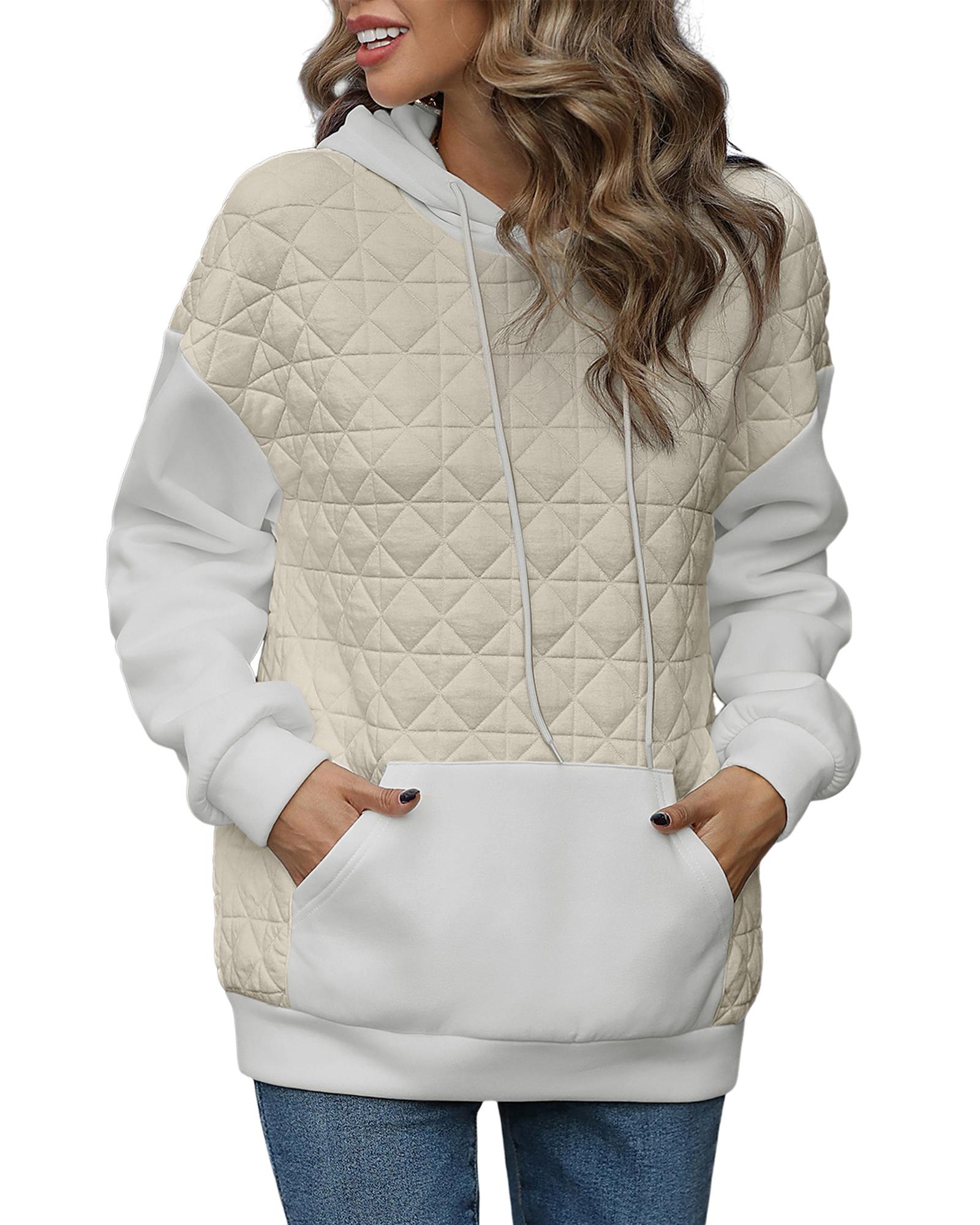 V539-AZEXDC25315649-P15-L-202506130140-00 Beige Drop Shoulder Quilted Patchwork Kangaroo Pocket Hoodie - L - Image 1