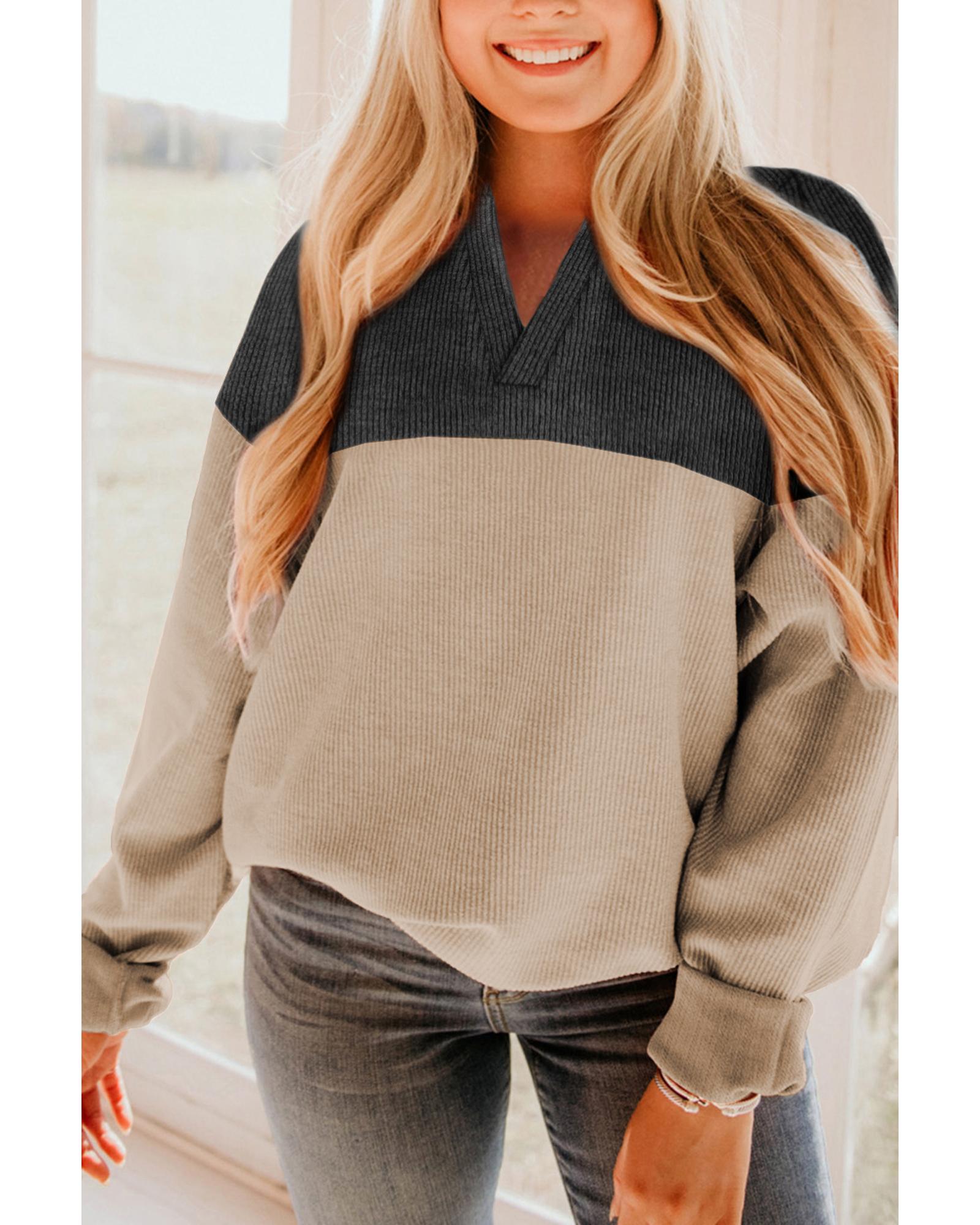 V539-AZEXDC25315660-P4011-S-202508290130-00 Carbon Grey Notched Neck Colorblock Corded Sweatshirt - S - Image 1