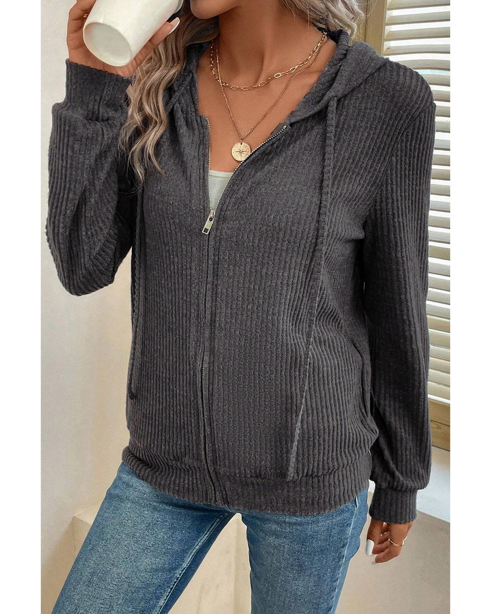 V539-AZEXDC25315830-P2011-S-202506122052-00 Dark Grey Ribbed Zip Up Front Drawstring Hoodie - S - Image 1