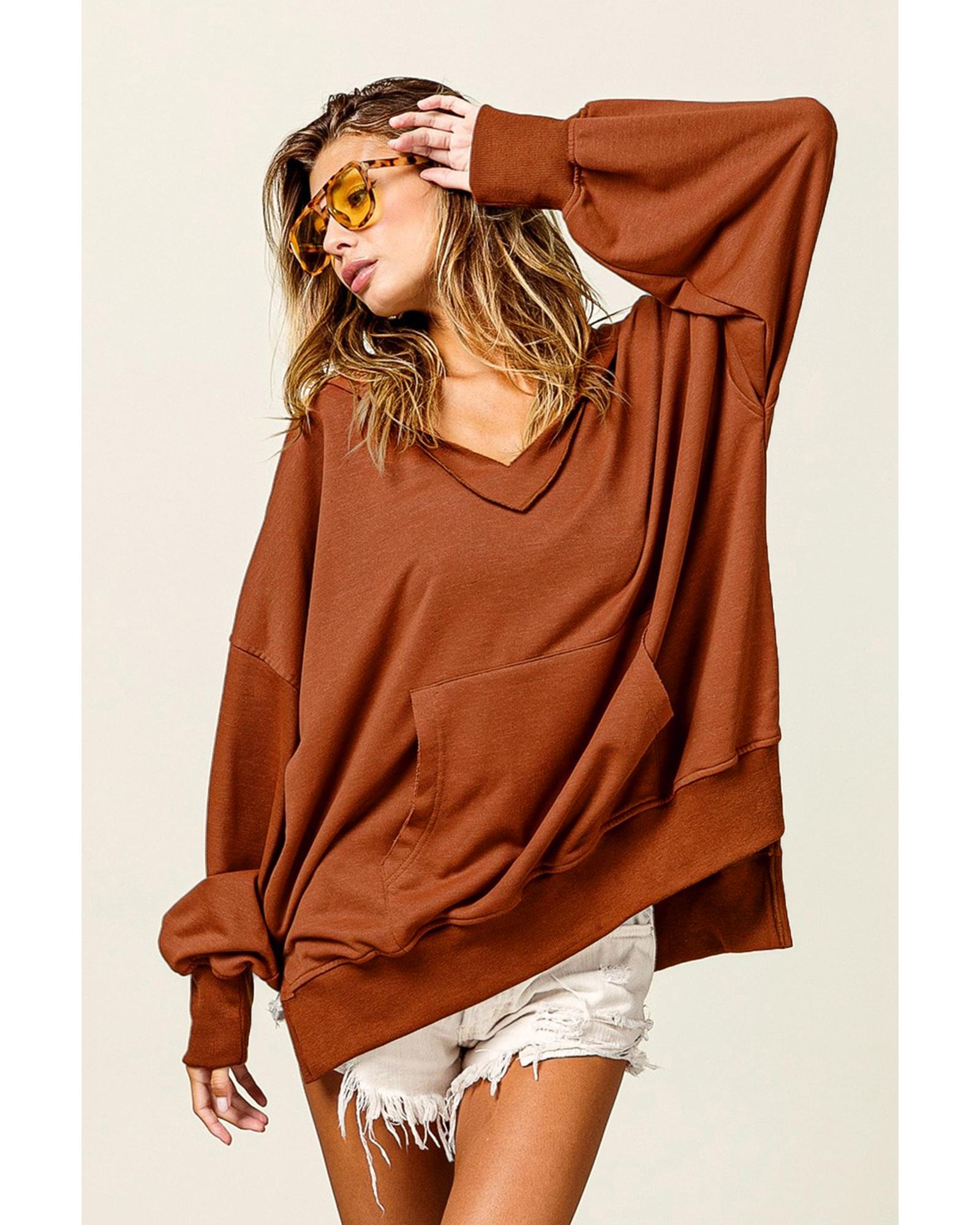 V539-AZEXDC25316179-P2017-L-202508291410-00 Chestnut V Neck Kangaroo Pocket Oversized Hoodie - L - Image 1