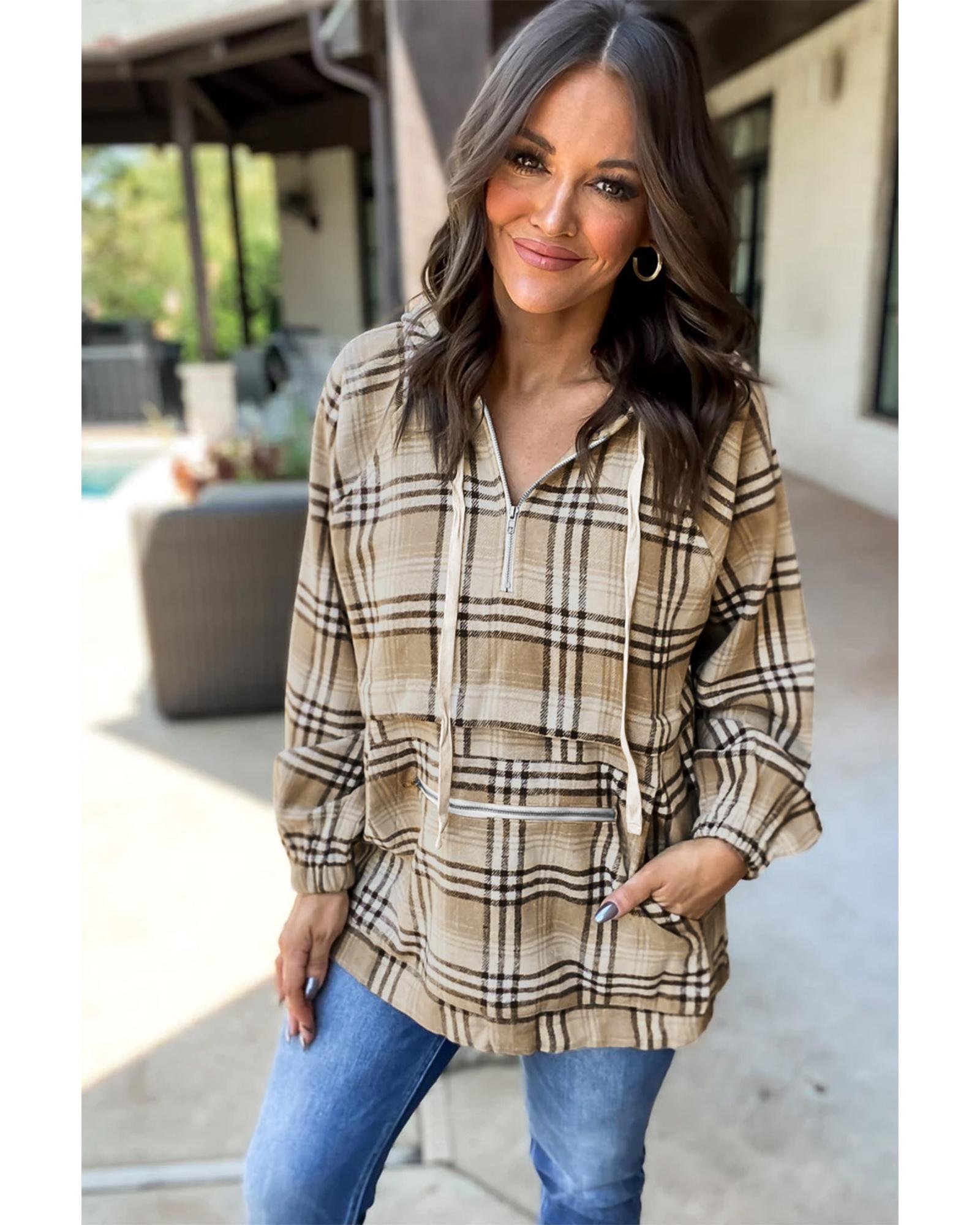 V539-AZEXDC25316208-P1620-XL-202508290120-00 Khaki Printed Zipped Front Pullover Plaid Hoodie - XL - Image 1