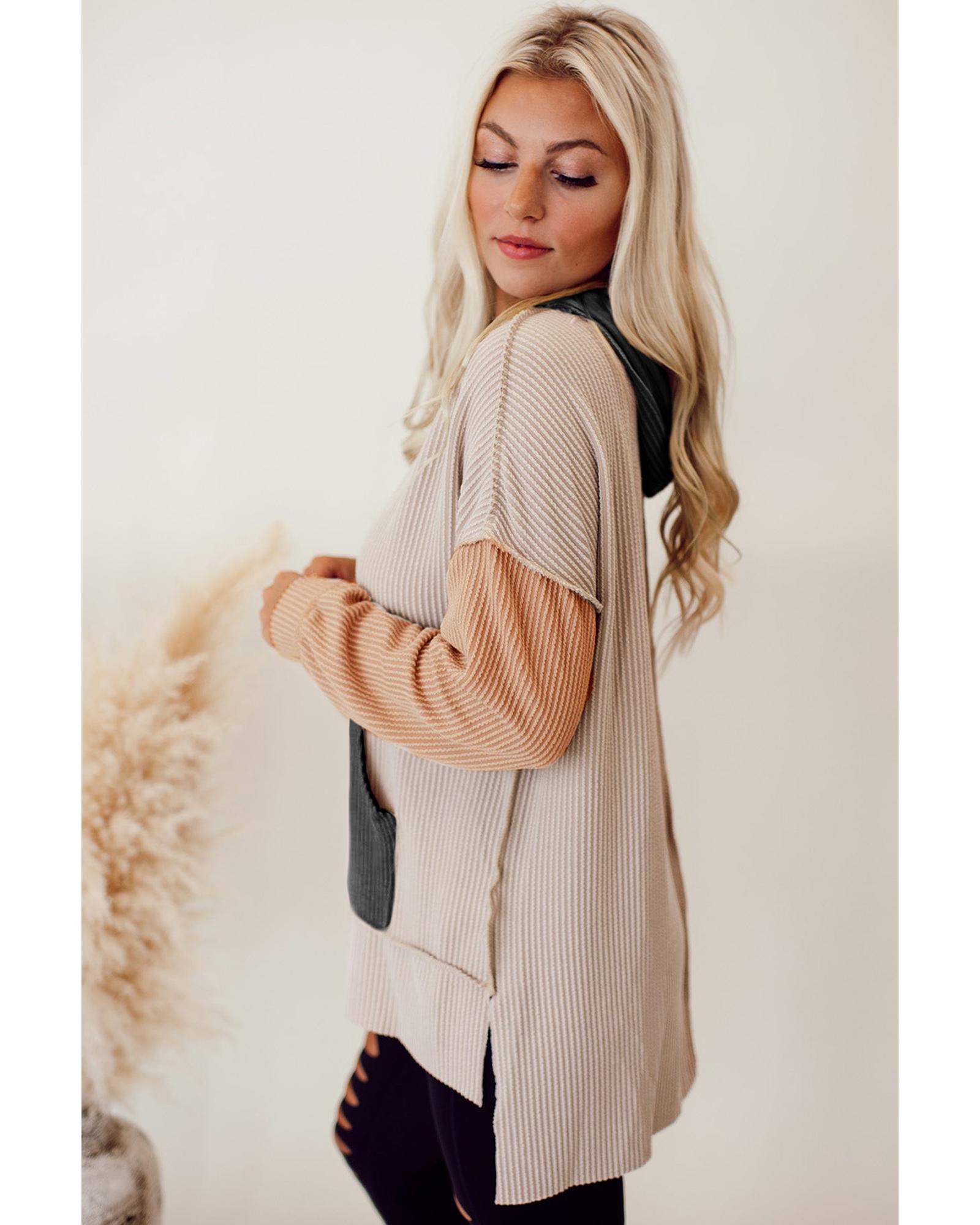 V539-AZEXDC25316256-P7016-S-202506122308-00 Smoke Gray Color Block High Low Textured Hoodie - S - Image 1